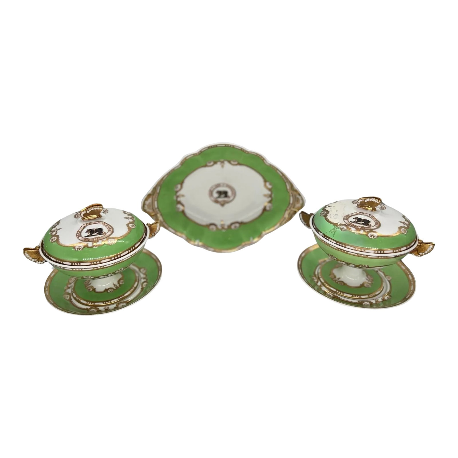 Set Spode Felspar Heraldric "Bear & Forbear" Dessert Tray & Covered Sauce Compotes C. 1840 (1 of 11)