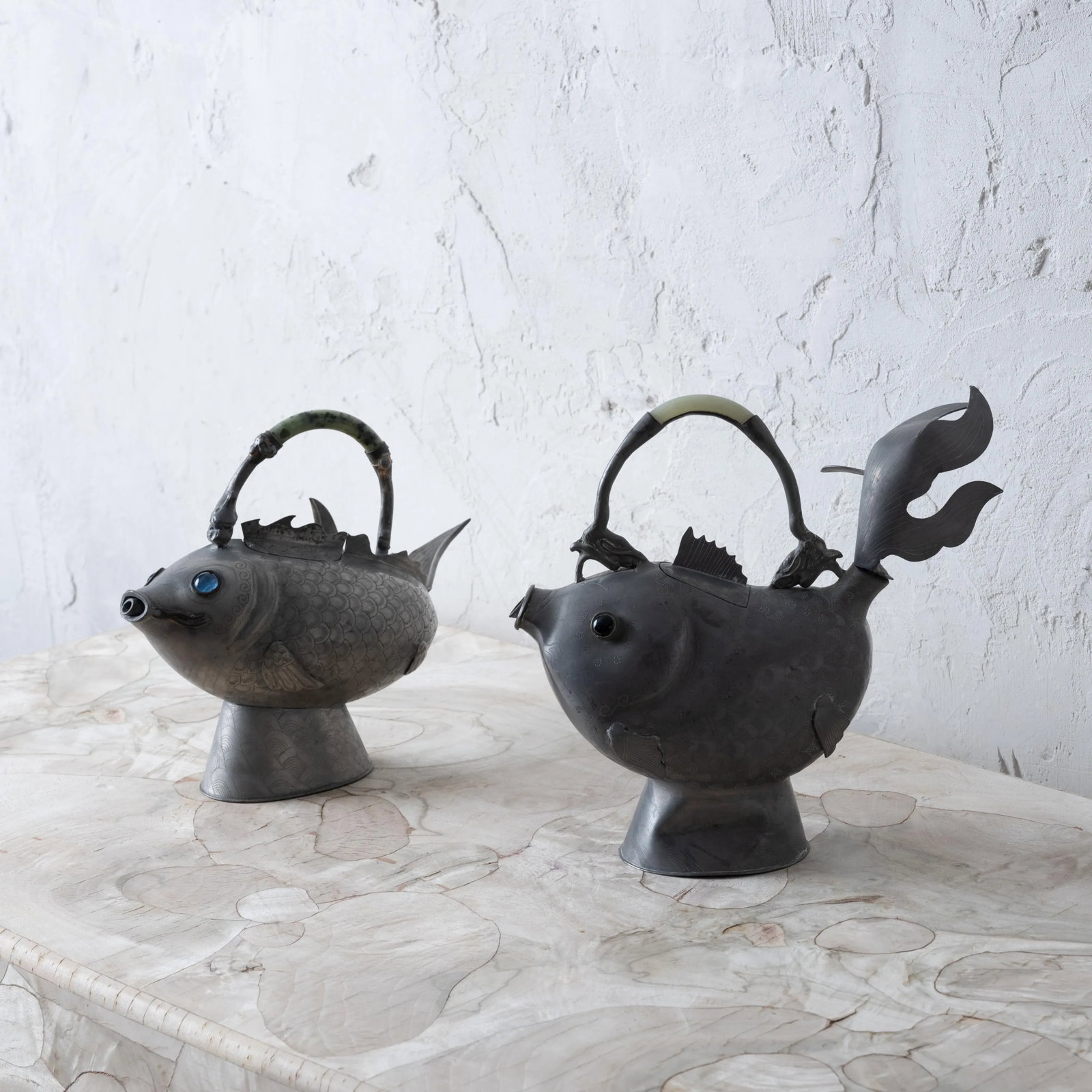 Chinese Pewter Koi Fish Teapots, 19th Century - 2