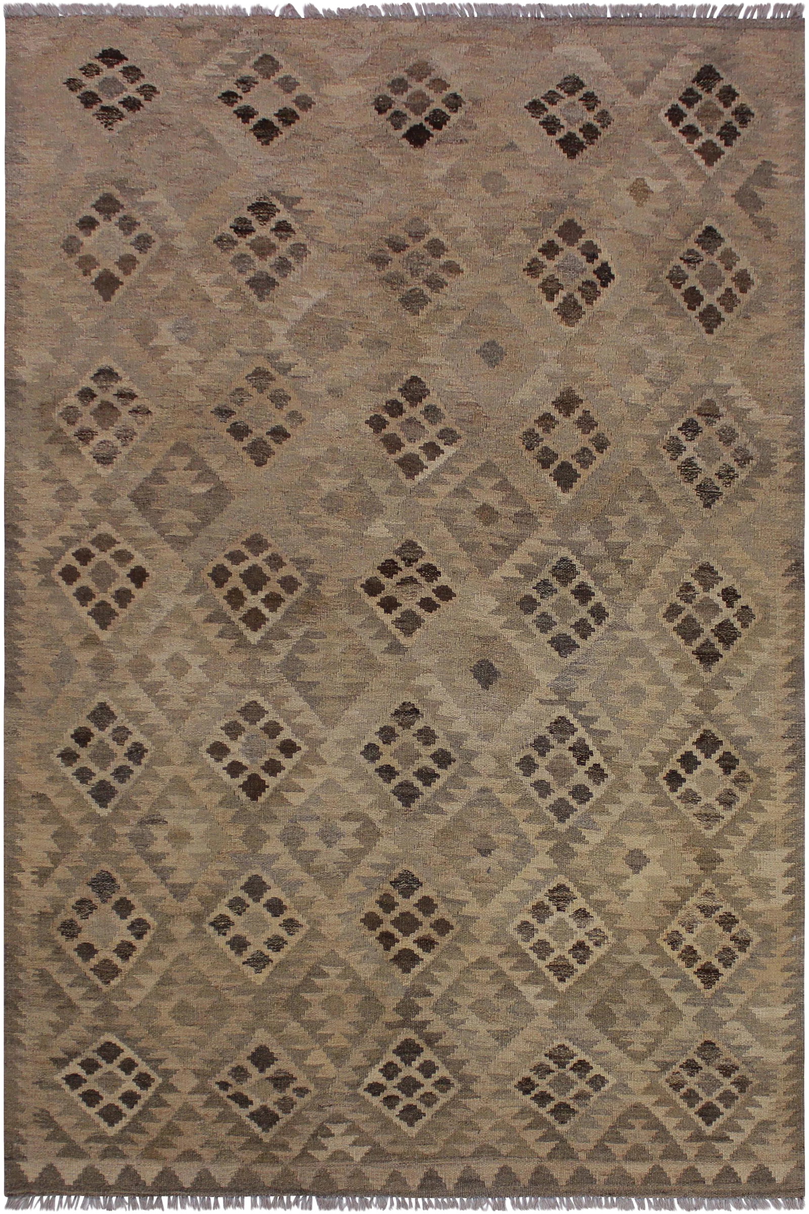 Boho Chic Kilim Tan Hand-Woven Wool Rug - 4'6'' * 6'7'': "Add a touch of elegance to your home with this casual chic hand woven Tribal Kilim wool rug. Constructed on a loom by Nomad Turkman people with hand spun wool and 100% Natural Vegetable dyes these