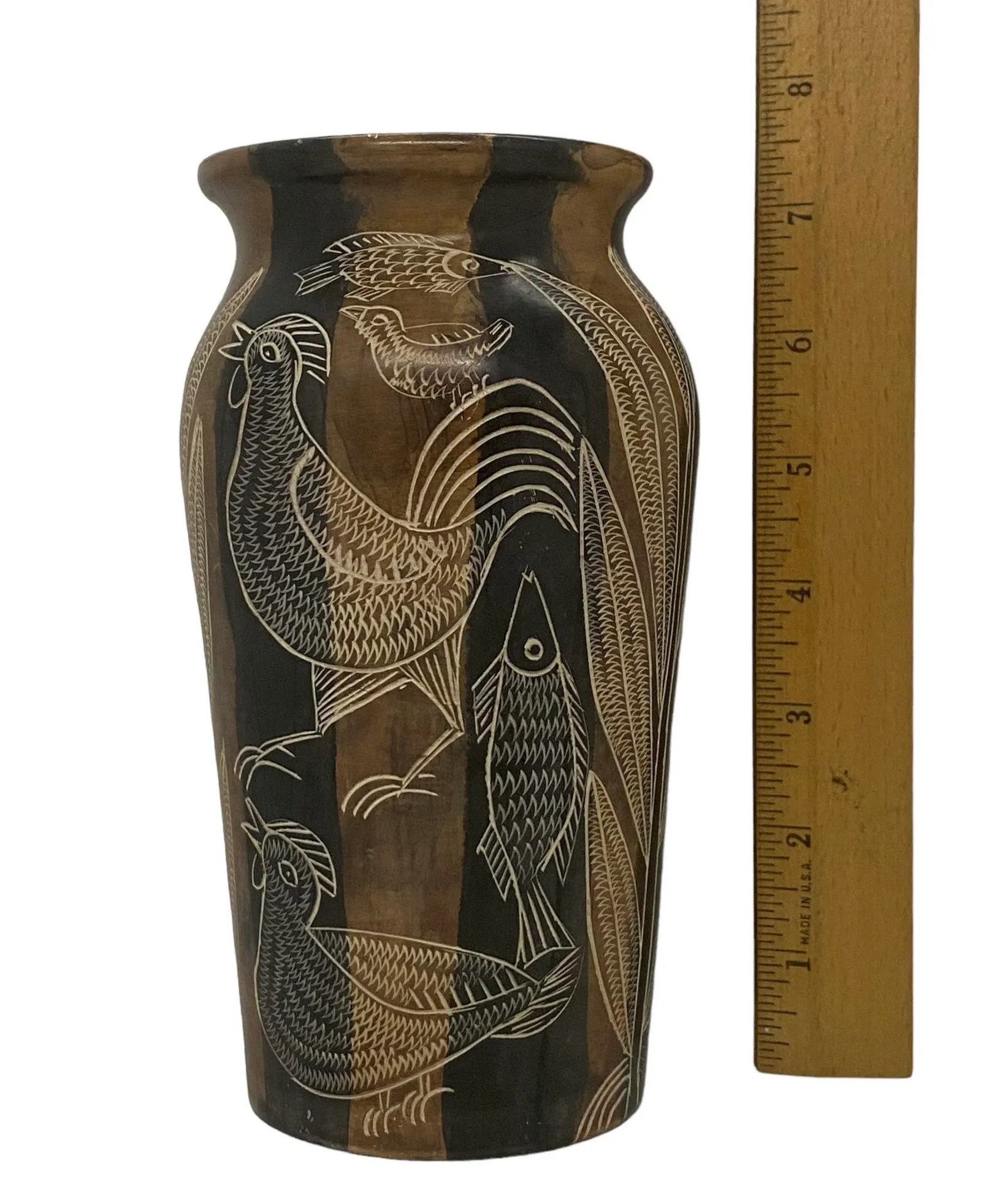 Mid 20th Century Asian Style Hand Carved Soapstone Vase With Roosters, Fish and Plants Design - 10