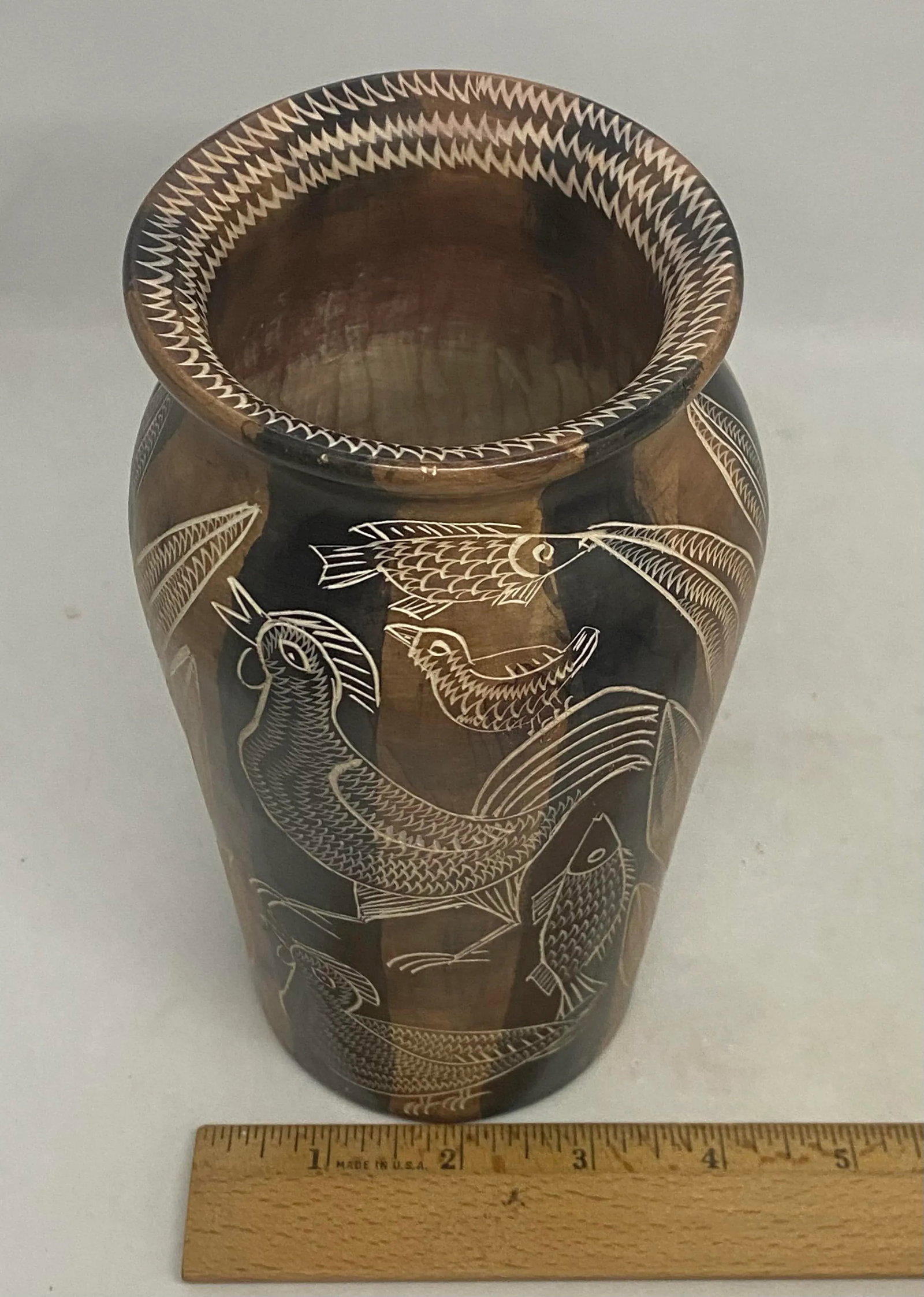 Mid 20th Century Asian Style Hand Carved Soapstone Vase With Roosters, Fish and Plants Design - 11
