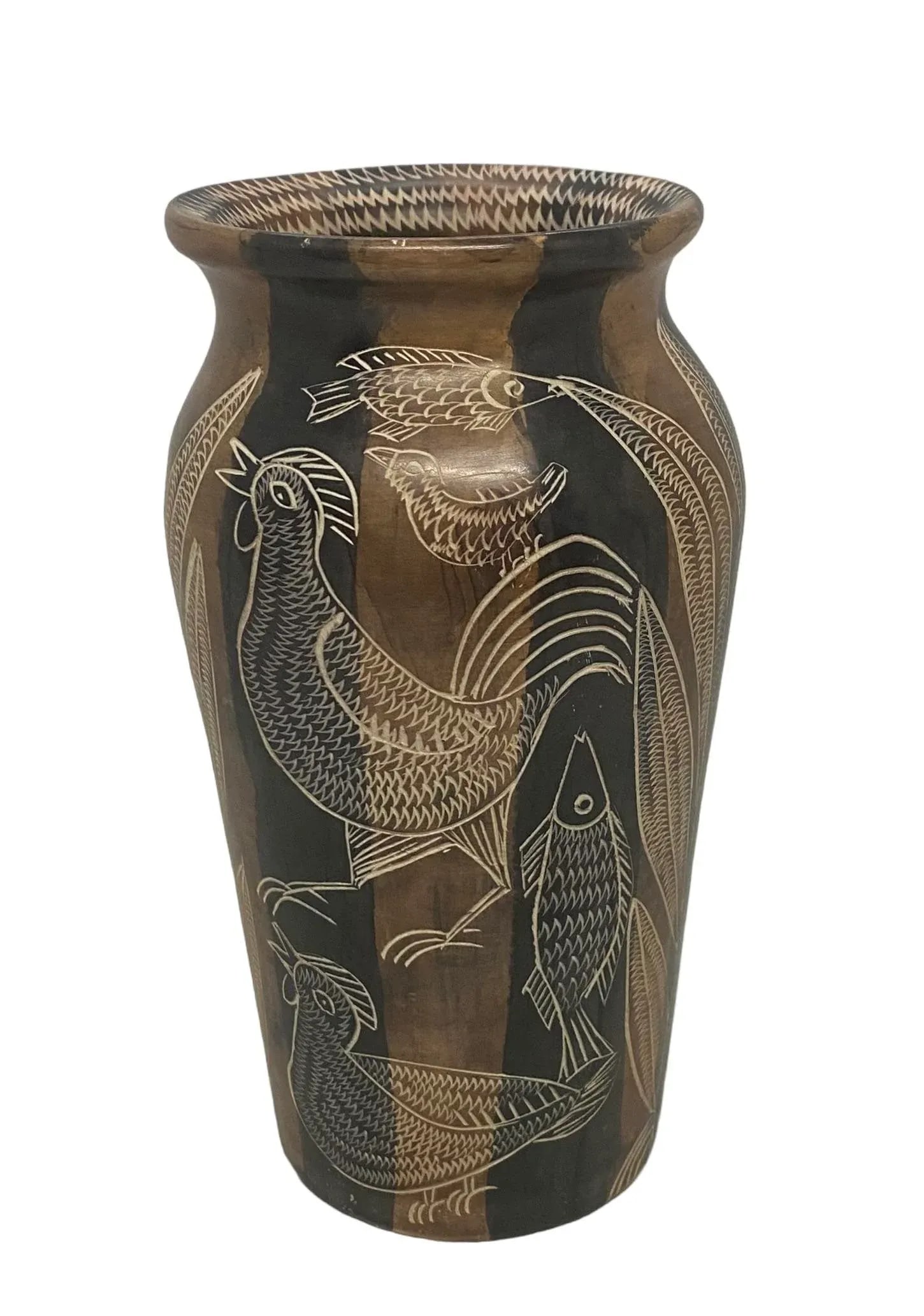 Mid 20th Century Asian Style Hand Carved Soapstone Vase With Roosters, Fish and Plants Design - 12