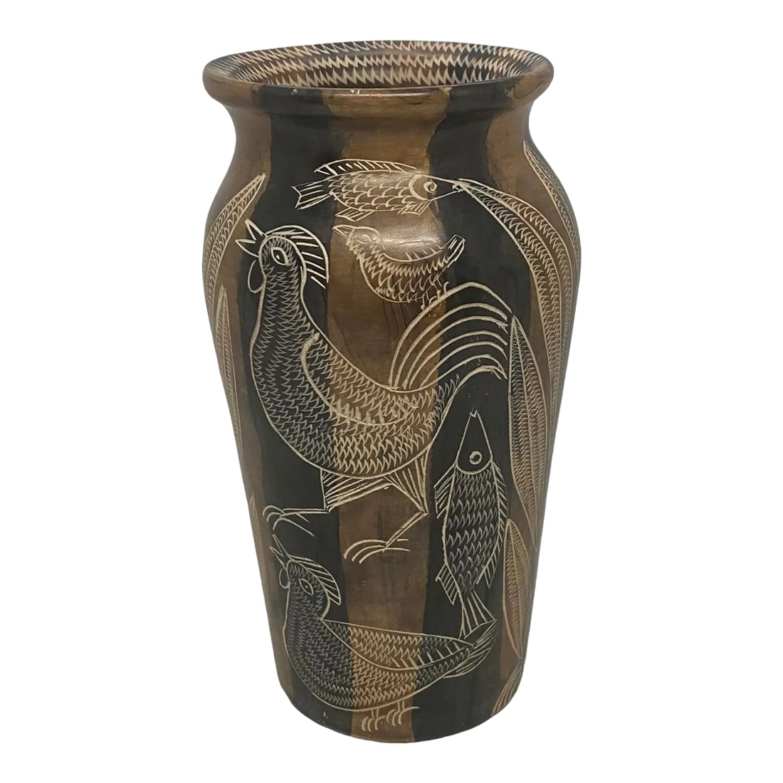 Mid 20th Century Asian Style Hand Carved Soapstone Vase With Roosters, Fish and Plants Design: Mid 20th Century Asian Style Hand Carved Soapstone 7.5"Vase With Roosters, Fish and Plant Design. This beautiful vase is in very good preloved condition with no major imperfections. There are a few
