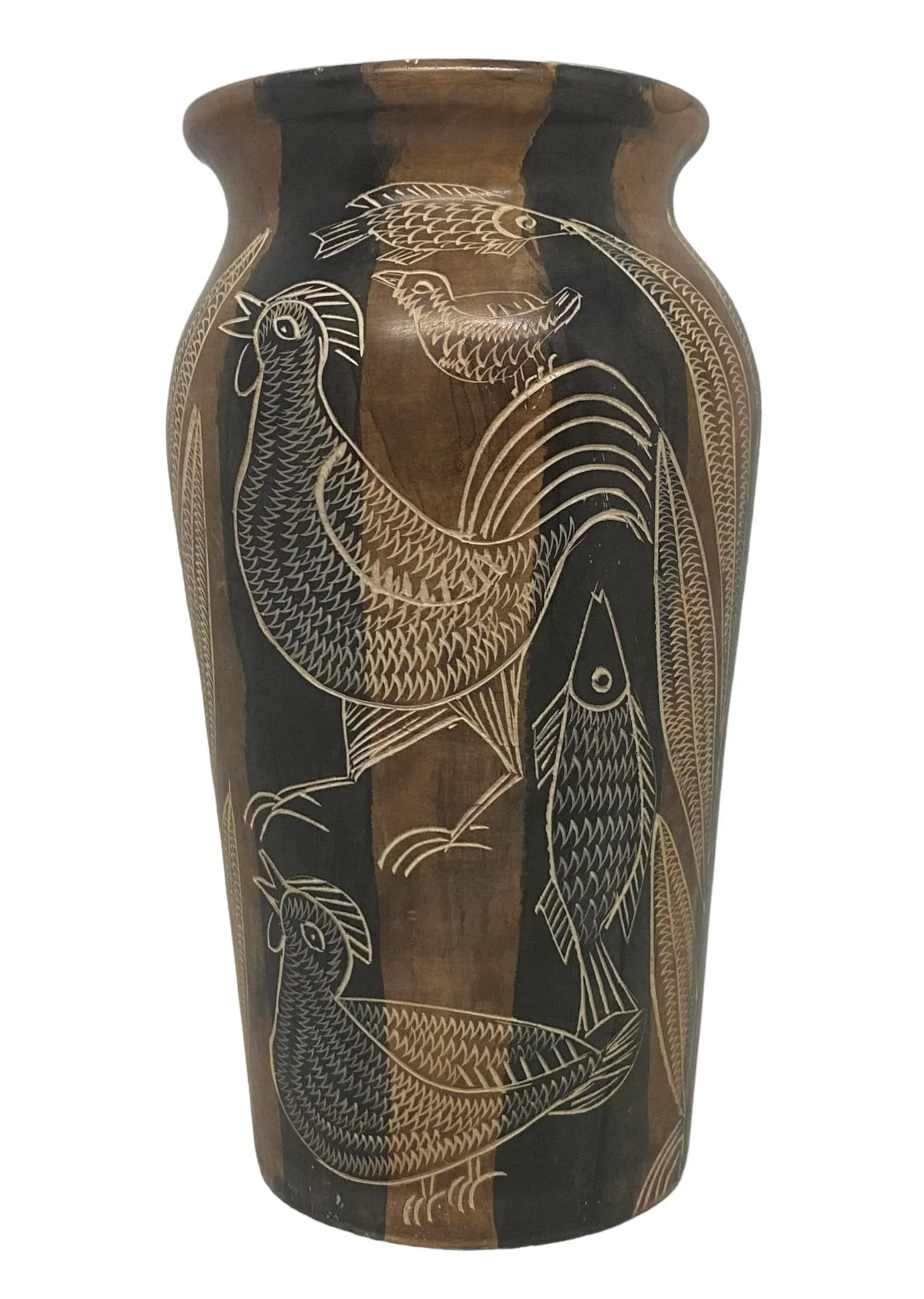 Mid 20th Century Asian Style Hand Carved Soapstone Vase With Roosters, Fish and Plants Design - 2