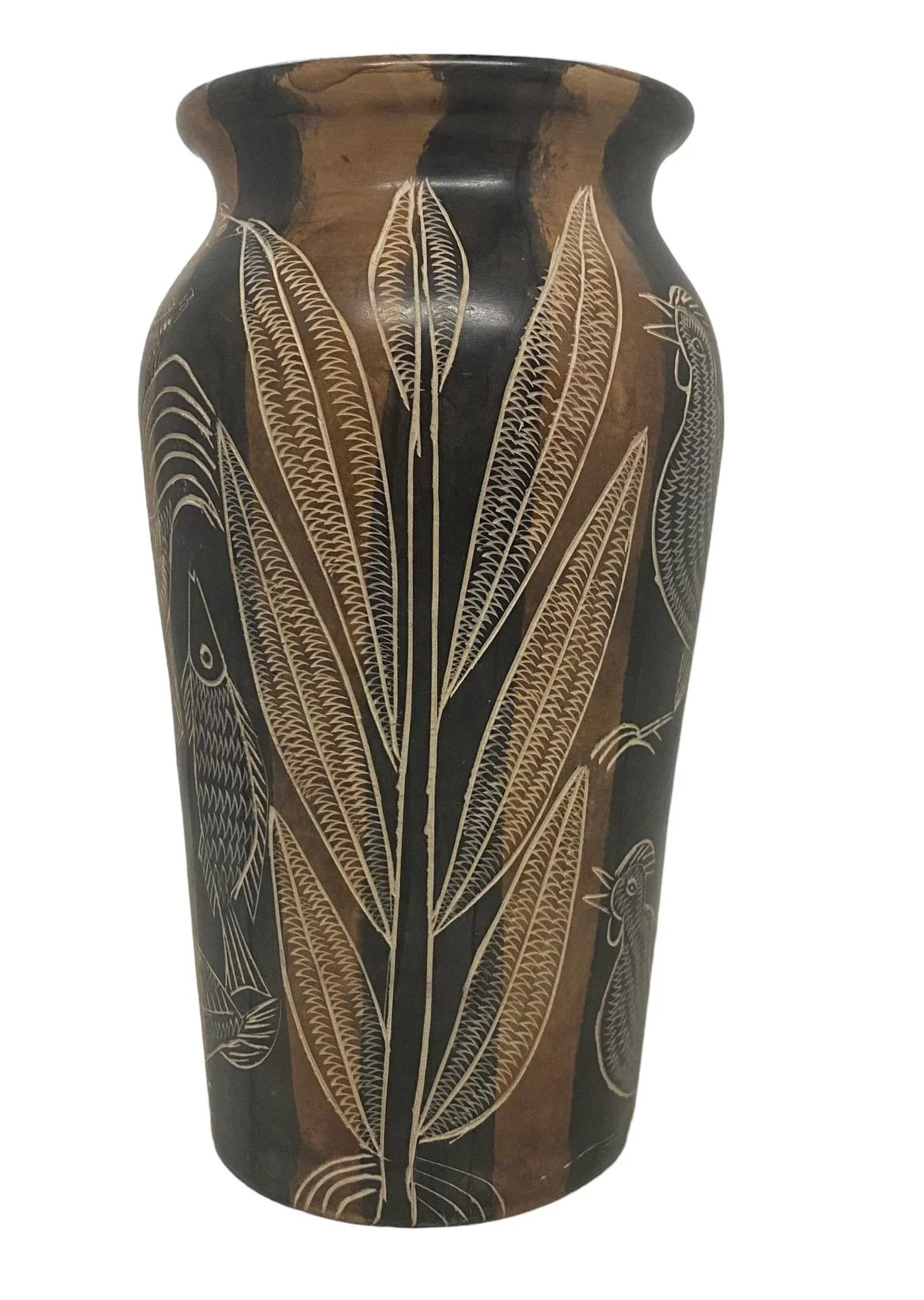 Mid 20th Century Asian Style Hand Carved Soapstone Vase With Roosters, Fish and Plants Design - 3