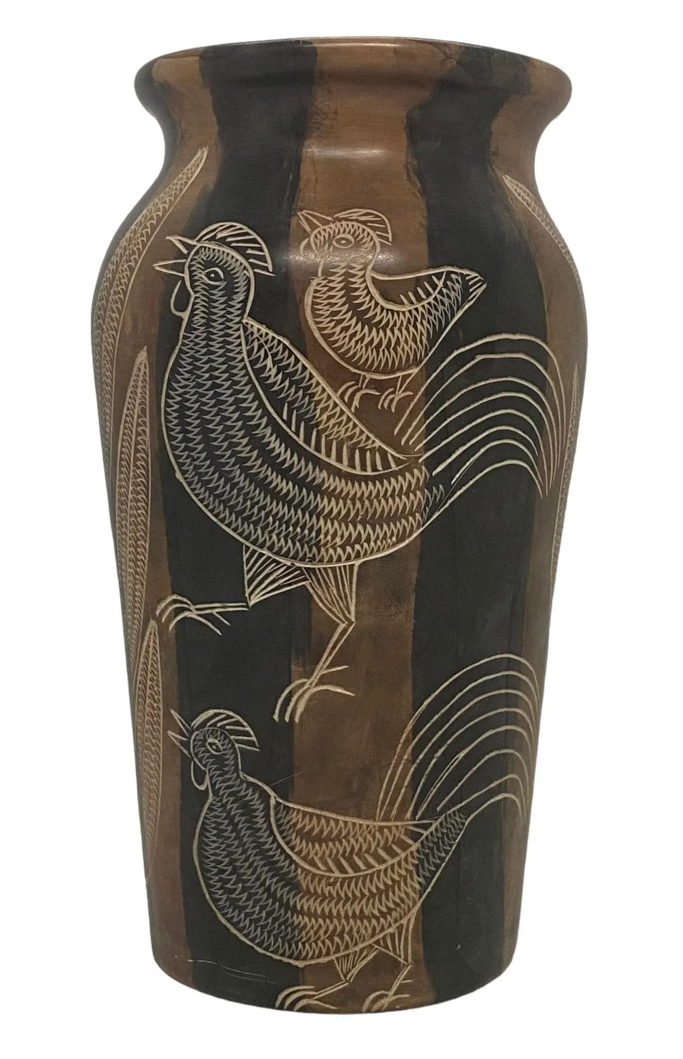 Mid 20th Century Asian Style Hand Carved Soapstone Vase With Roosters, Fish and Plants Design - 4