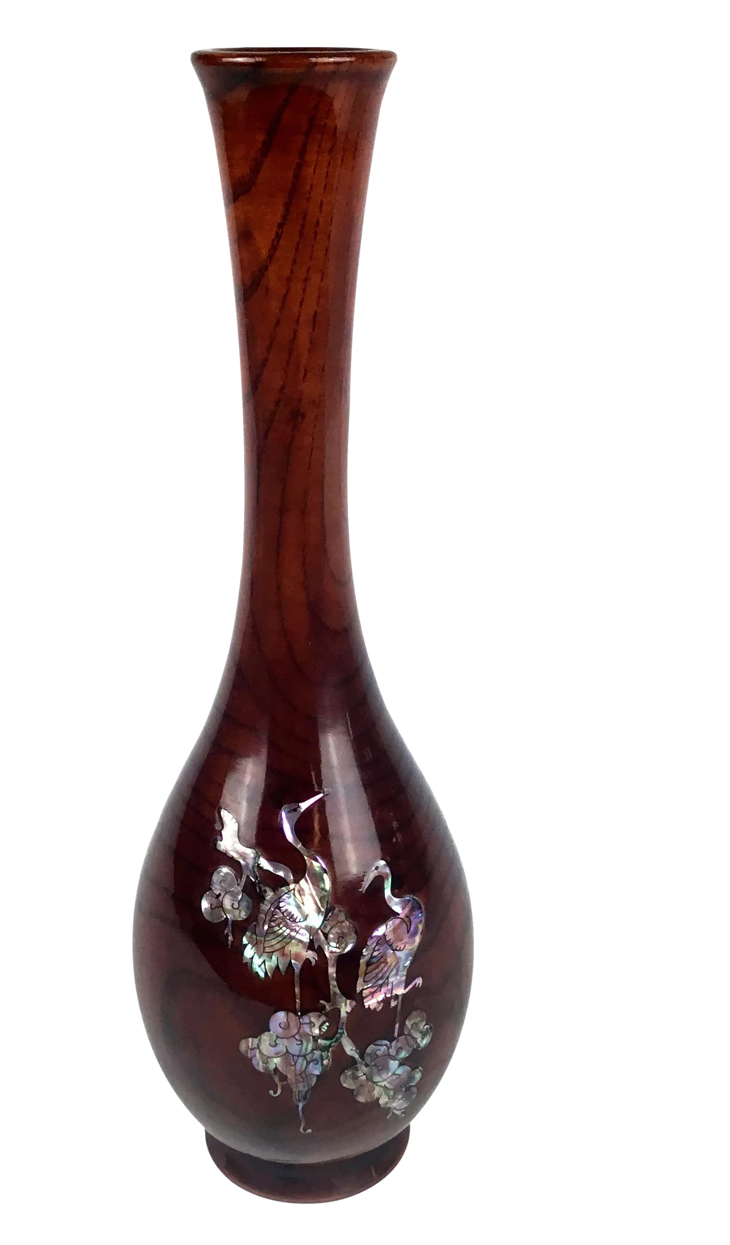 Vintage Japanese Solid Wood Inlaid M O P Vase: An exquisite work of art. I have never seen anything like this piece. A solid piece of wood hand turned into a vase or urn. The front is inland with Mother of Pearl Storks and trees. Condition: