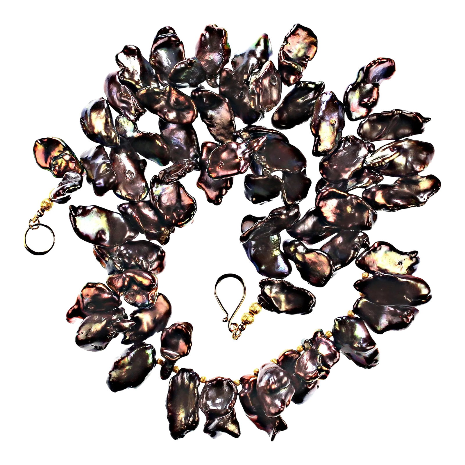 Walnut-Maroon Color Keshi Pearl Necklace June Birthstone: This is part of Chairish's Fine Jewelry assortment. No Grit No Pearl Unique, 19 inch iridescent Keshi Pearl necklace in tones of walnut, ruby, amber, and emerald. This gorgeous necklace features Keshi