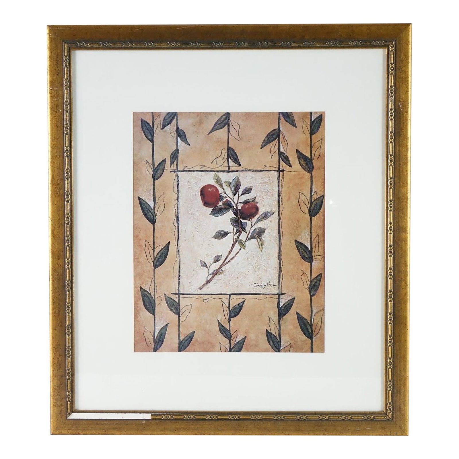 The Patterned Garden 3 - Print of Original Oil Pencil on Board Signed: This charming floral composition blends the warmth of folk art with the subtle precision of botanical illustration, presenting a balanced and intimate design. At the heart of the piece lies a