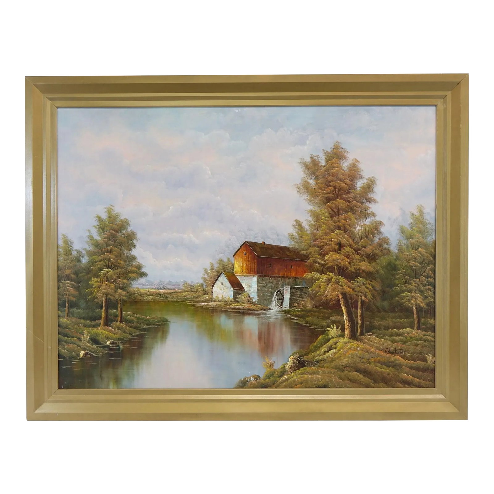 The Mill Large Original Oil on Canvas Signed: This substantial oil on canvas, titled The Mill, measures an impressive 55" x 43" and depicts a tranquil, rustic scene. The artist has signed the piece, marking it as a unique original. This artwork c
