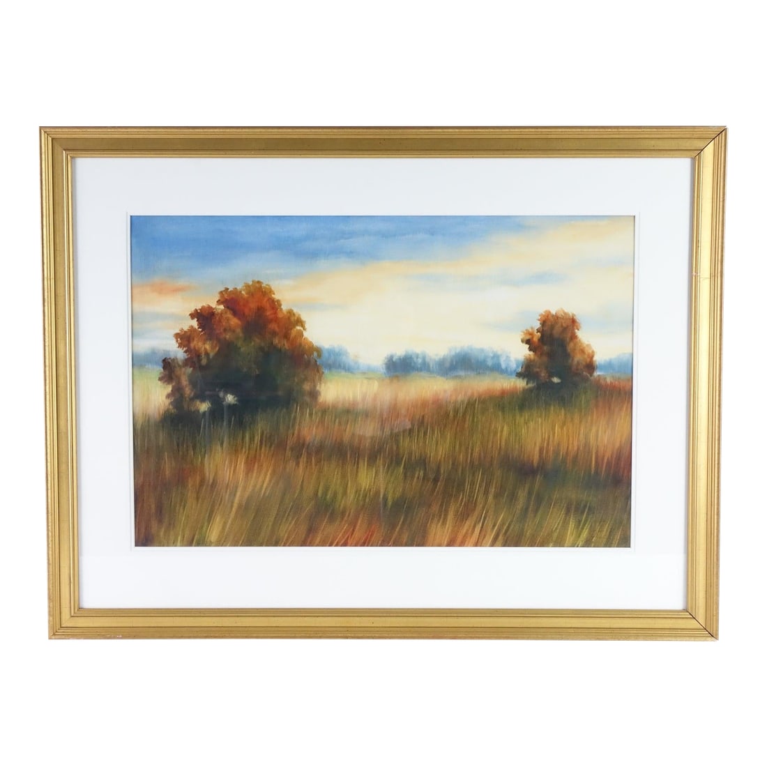 Original Watercolor on Board - Serene Field & Meadow With Trees, Signed, Framed: Original watercolor on board depicting a serene field with tall grasses, a peaceful meadow, and trees in the background. Soft hues of orange, green, and blue create a tranquil atmosphere, making this