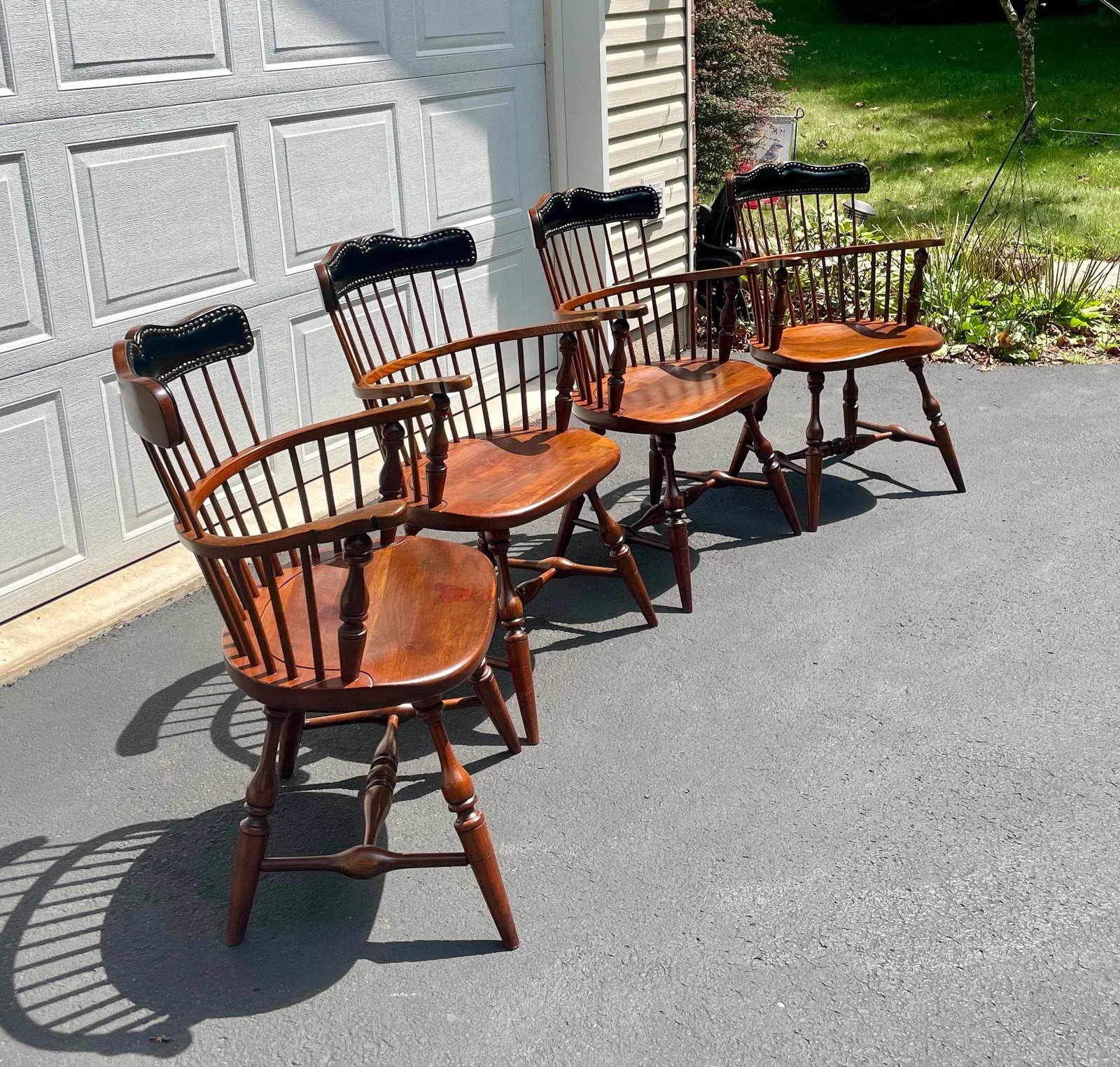 Frederick Duckloe & Bros. Windsor Style Captains Chairs With Leather Nail Head Detailed Backs- Set o - 2