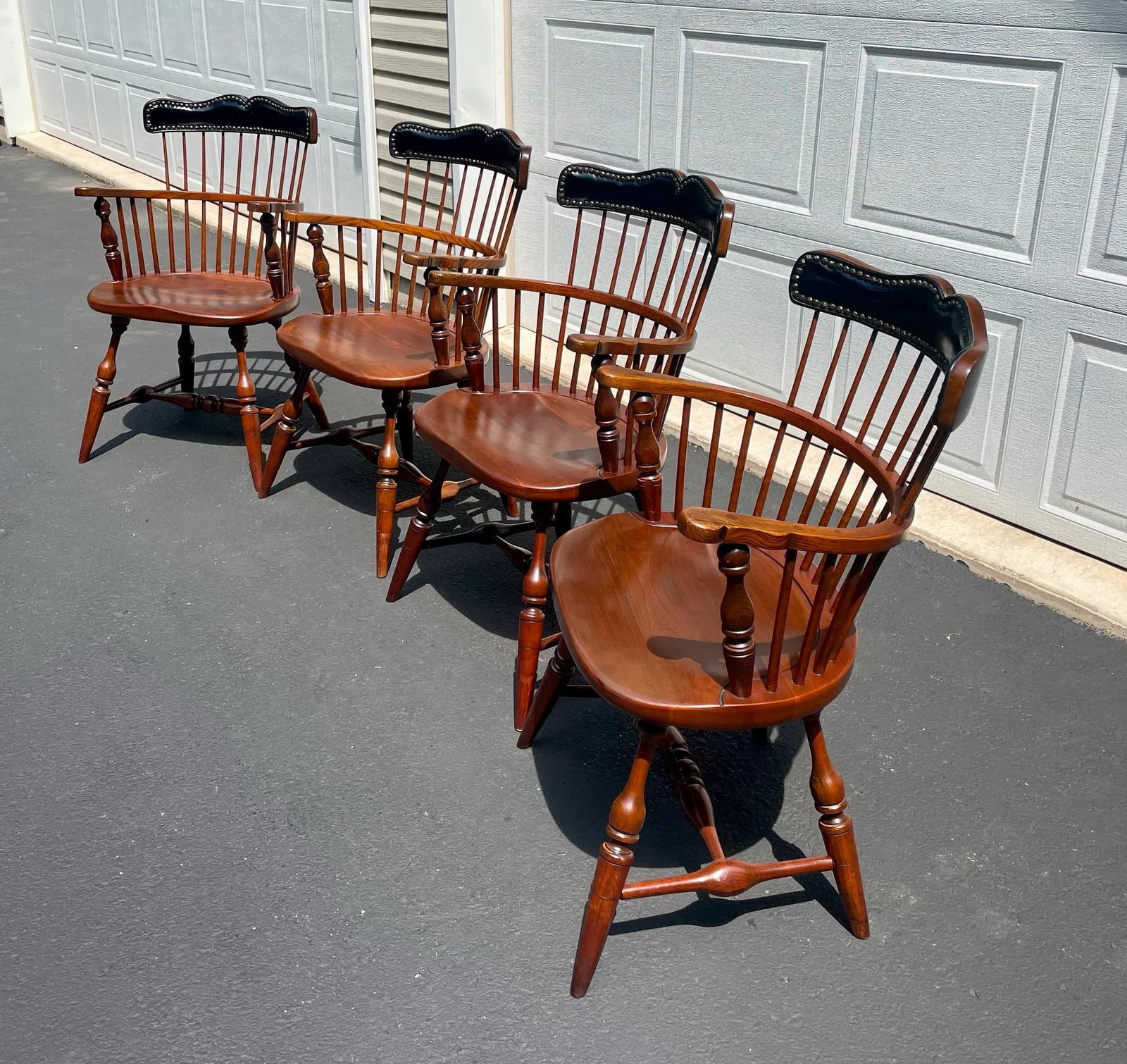 Frederick Duckloe & Bros. Windsor Style Captains Chairs With Leather Nail Head Detailed Backs- Set o - 3