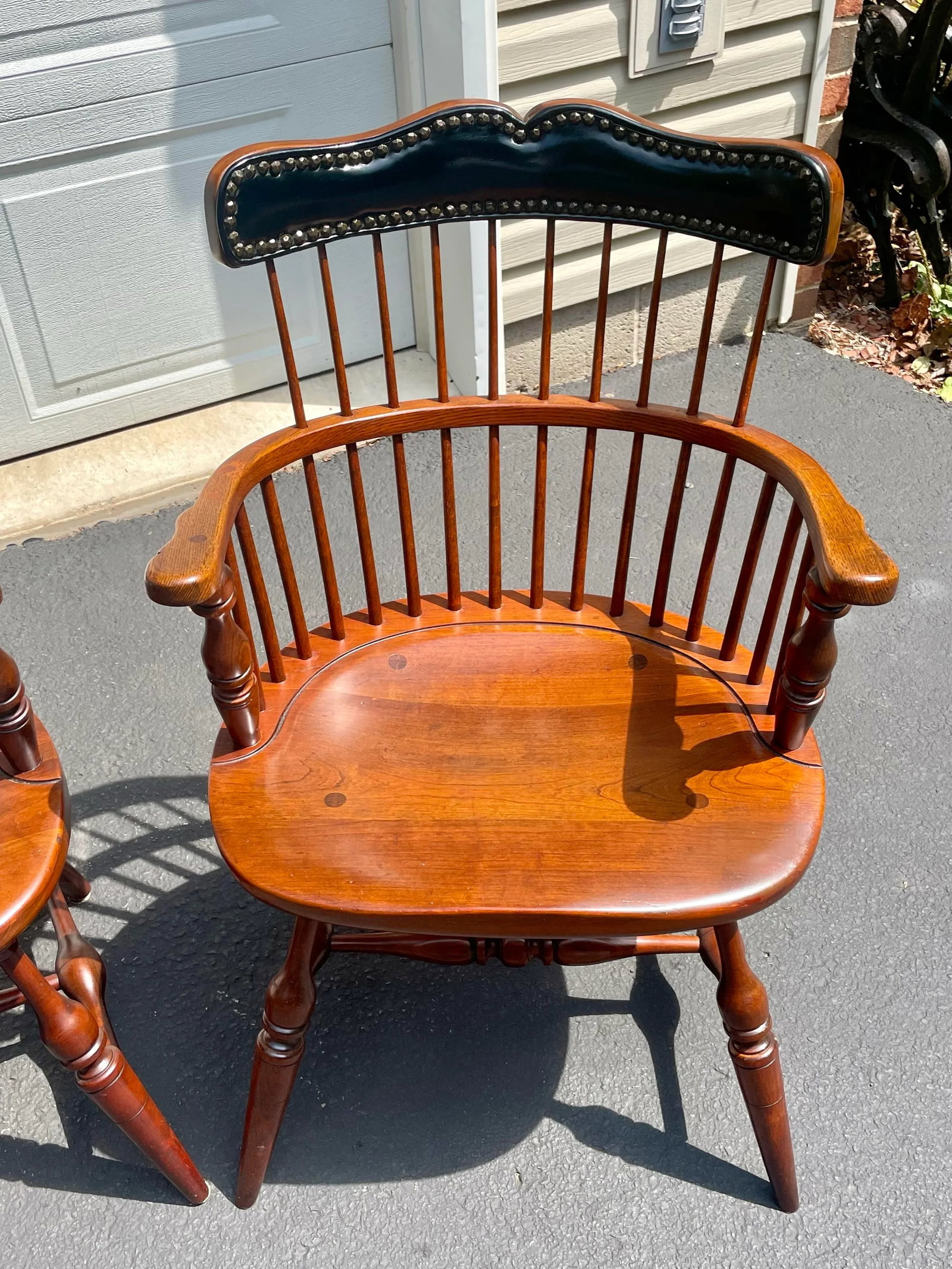 Frederick Duckloe & Bros. Windsor Style Captains Chairs With Leather Nail Head Detailed Backs- Set o - 7