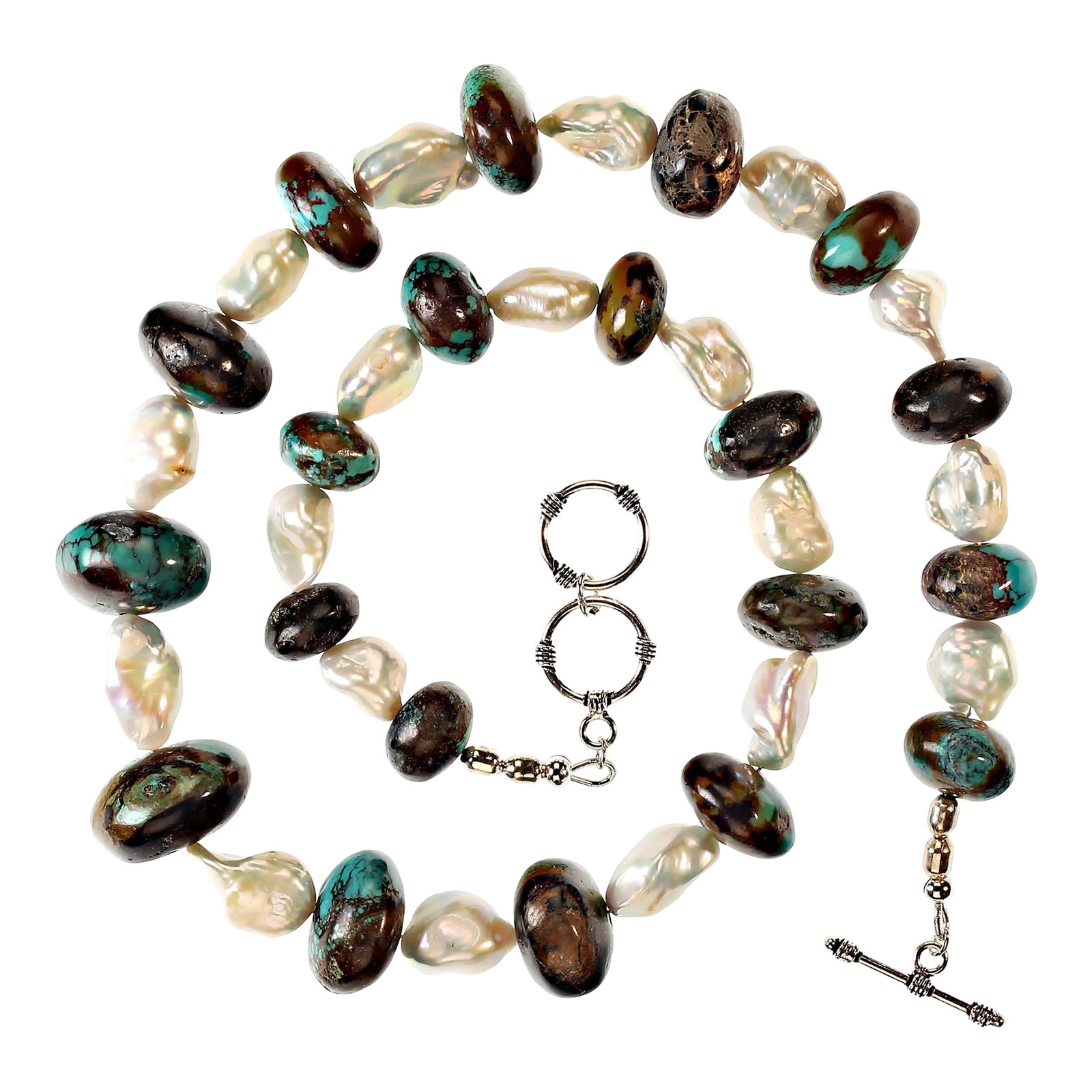Necklace Hubei Turquoise Mixed With White Freshwater Pearl: This is part of Chairish's Fine Jewelry assortment. 22-Inch Hubei Turquoise and Freshwater Pearl Necklace with Silver Toggle Clasp This elegant 22-inch necklace features a stunning combination of grad