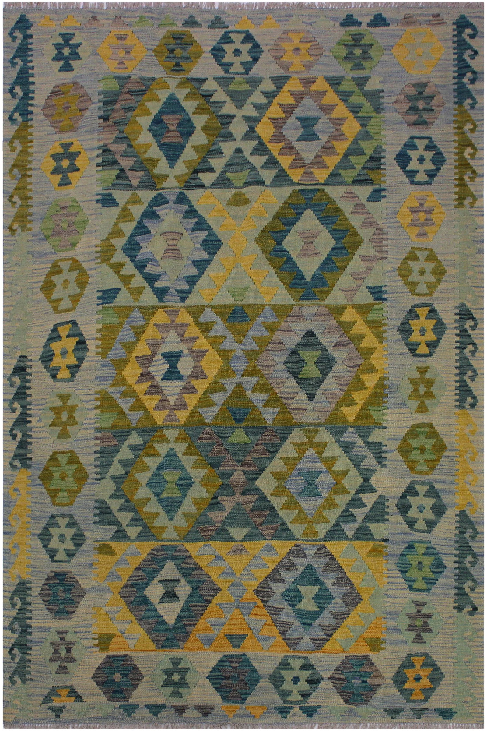 Navajo Style Kilim Hand-Woven Wool Rug -5'3 X 6'8: "Add a touch of elegance to your home with this casual chic hand woven Tribal Kilim wool rug. Constructed on a loom by Nomad Turkman people with hand spun wool and 100% Natural Vegetable dyes these