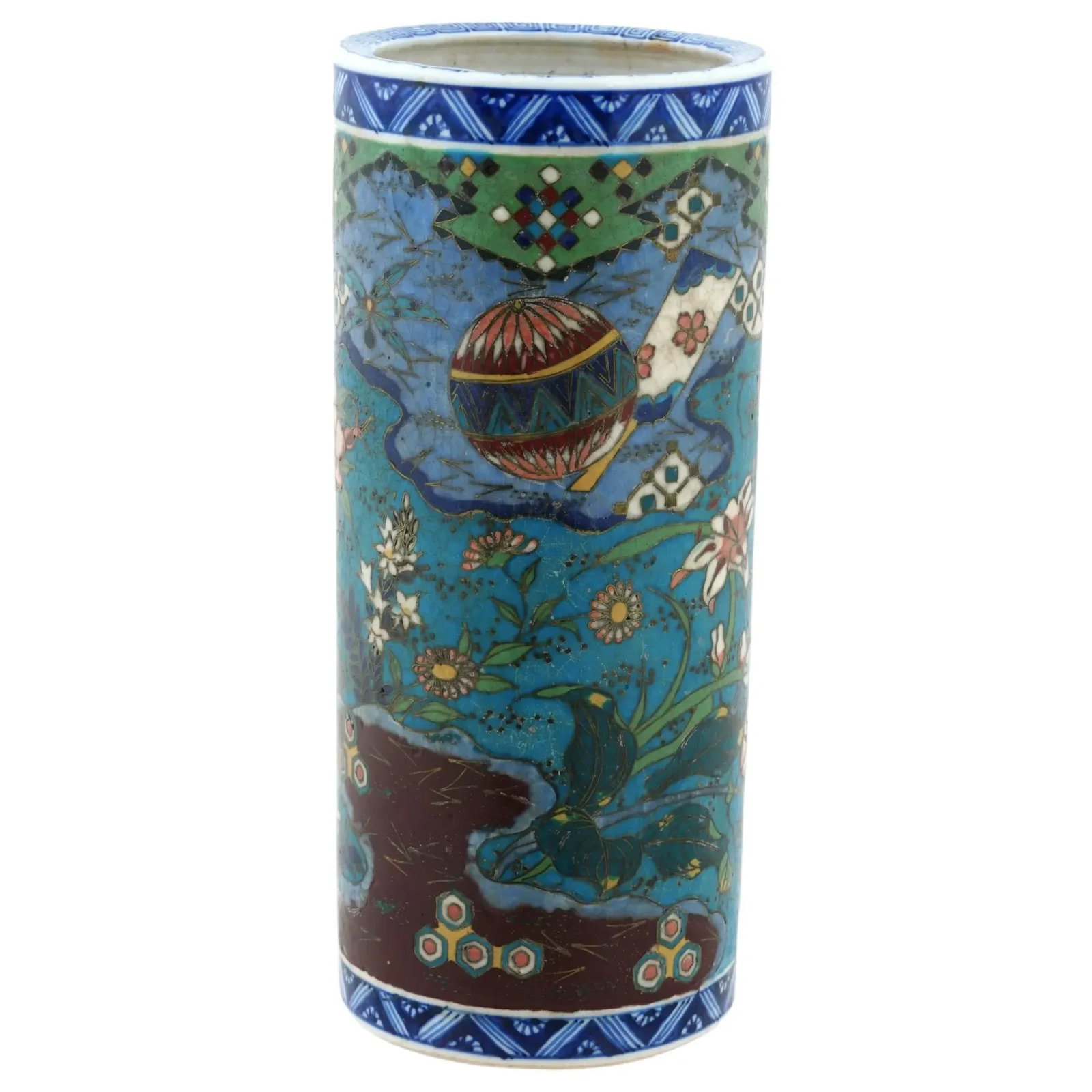 Antique Japanese Cloisonne Enamel on Porcelain Floral Vase - 9