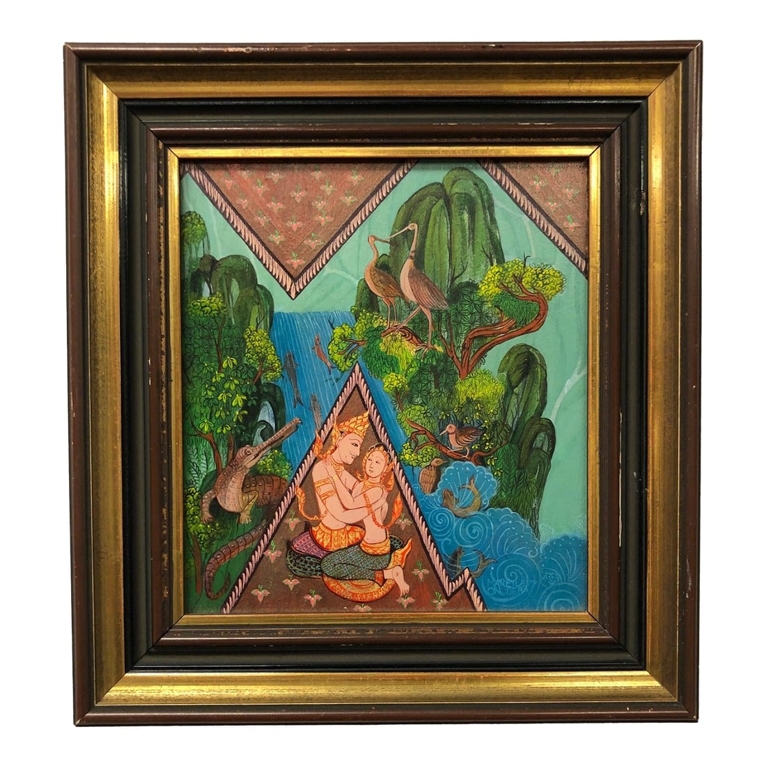 Late 20th Century Original Indo Persian Painting Mughal: Vibrant Indo-Persian / Mughal-inspired miniature-style painting featuring a tender central scene of a mother and child, framed by an imaginative, storybook landscape. A cascading waterfall cuts
