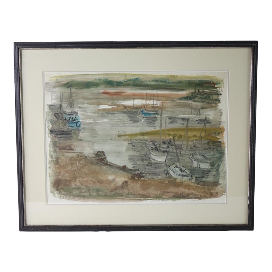 "Anchored in Silence" - Mid 20th Century Watercolor on Paper Signed Original, Framed: This expressive original watercolor captures a tranquil harbor scene titled Boats at the Dock, rendered in a loose impressionist style with gestural brushwork and earthy tones. The composition shows a