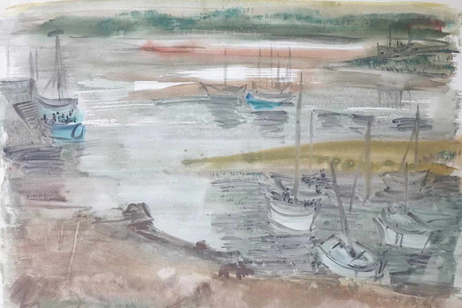 "Anchored in Silence" - Mid 20th Century Watercolor on Paper Signed Original, Framed - 4