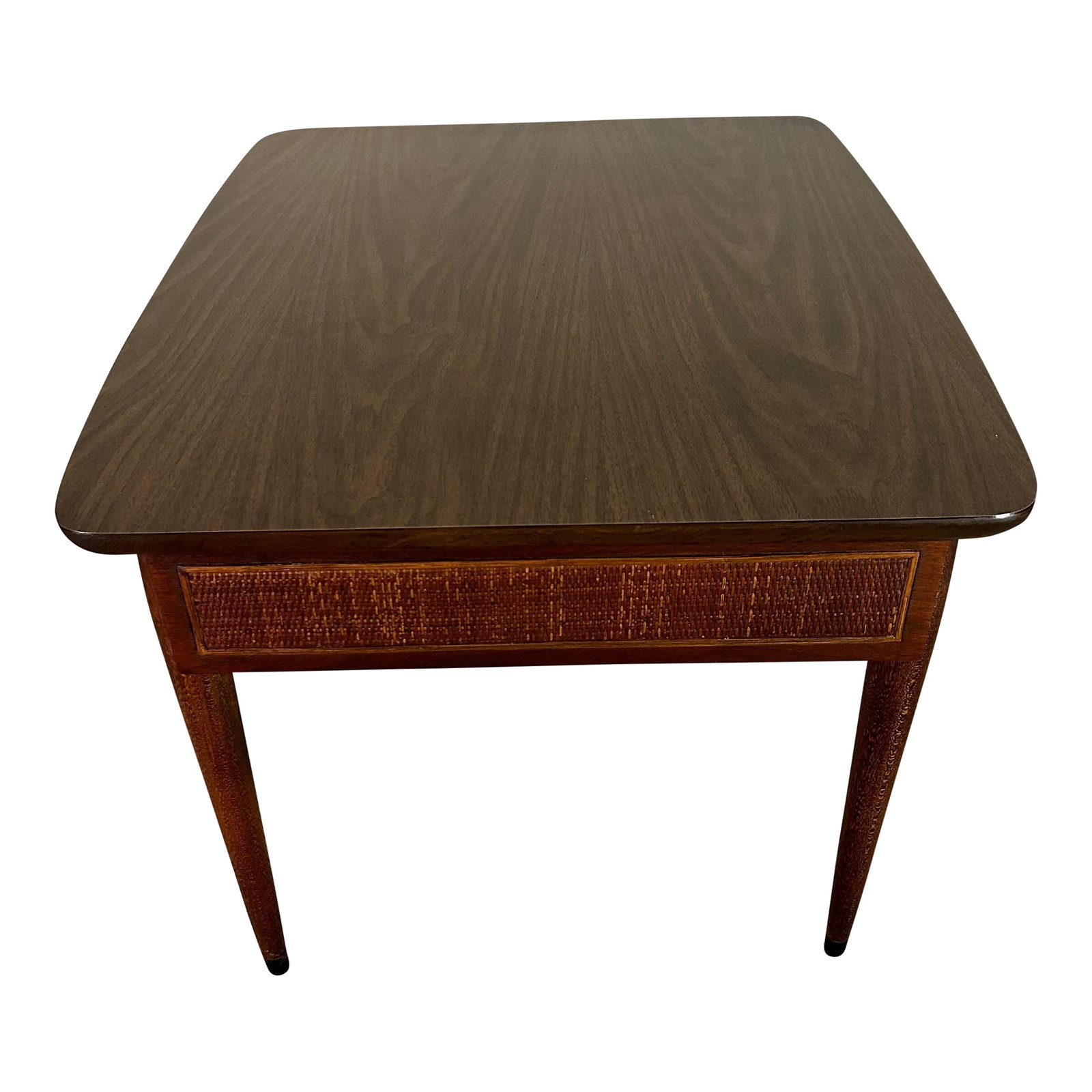 1960s Vintage American of Martinsville Walnut Side Table: Mid Century Modern side table by American of Martinsville furniture company. This table has an awesome mid century look made with walnut wood with a durable Formica top. Perfect table for that mid cen
