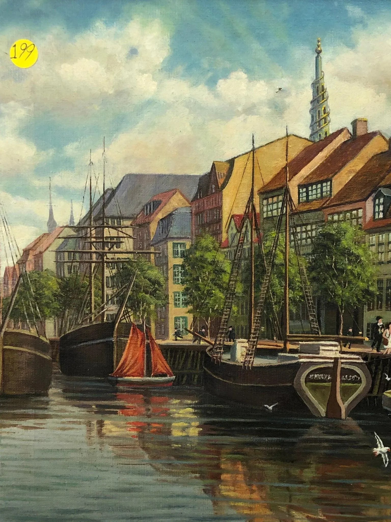 "Harbor Days in Old Europe" - Mid 20th Century Original Oil on Canvas Signed on the Bottom, Framed - 3