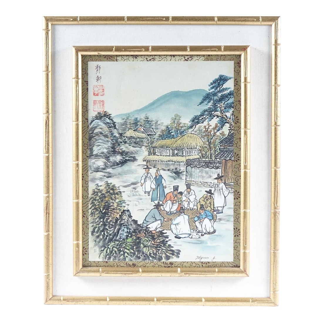 The Village Gathering - Mid 20th Century Chinese Original Watercolor on Paper Signed, Framed: This stunning original Chinese watercolor on paper captures a serene village scene steeped in tradition, community, and harmony. The painting shows a group of figures dressed in classic scholarly