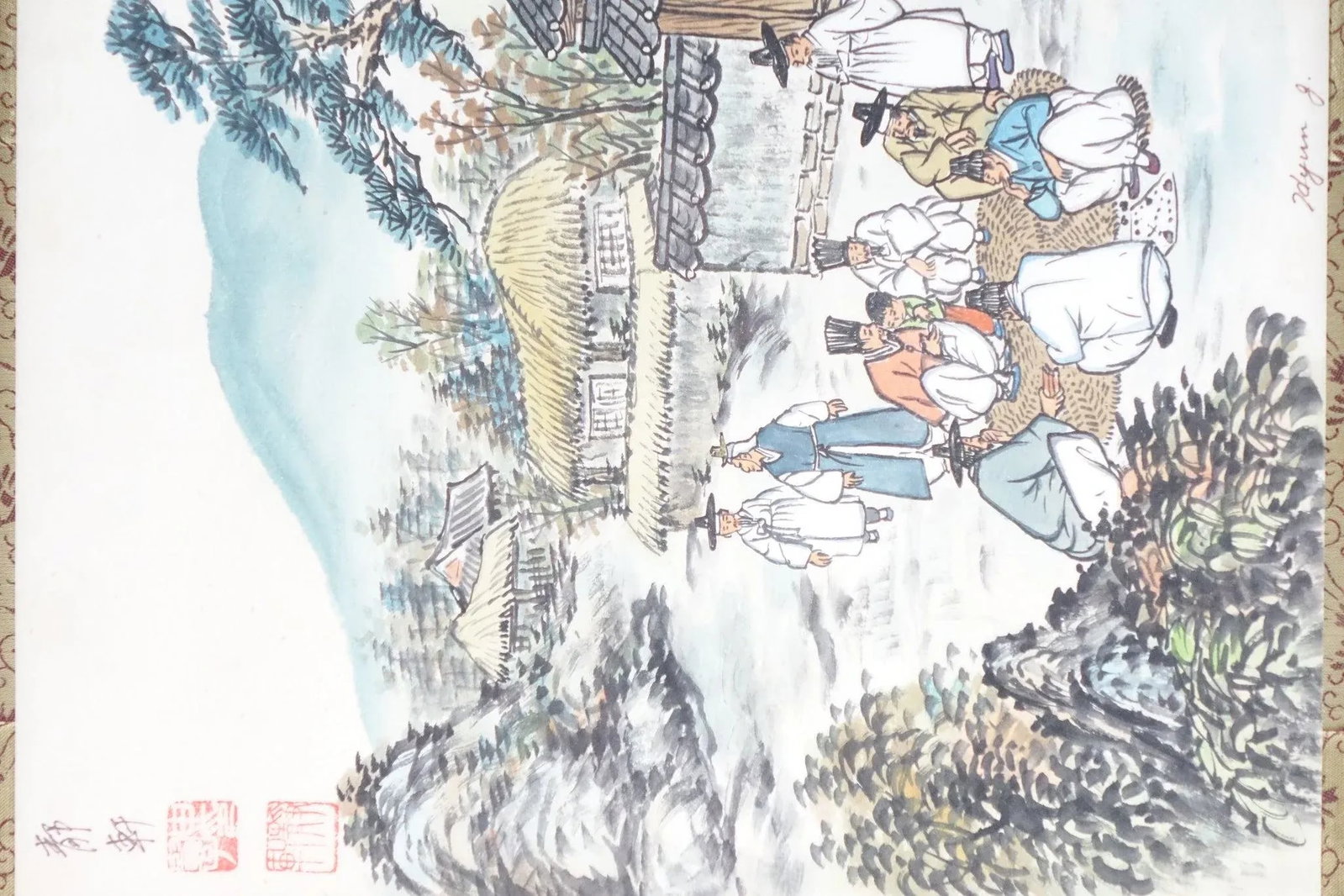 The Village Gathering - Mid 20th Century Chinese Original Watercolor on Paper Signed, Framed - 2