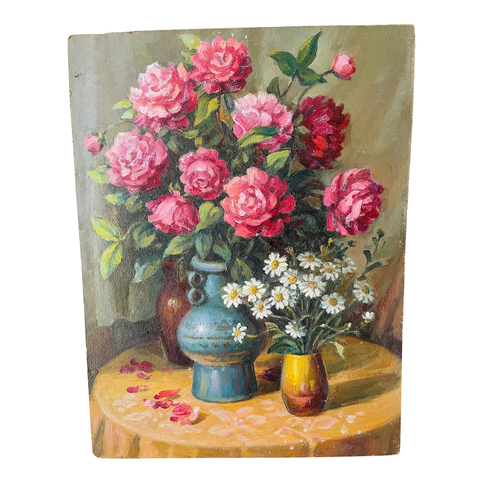 20 Th C Original Oil on Board Still Life With Roses Painting: Contemporary oil on board floral art painting- roses in a vase. Condition: Alterations: Original Condition Unaltered Imperfections: Some Imperfections Condition Notes: Good condition Origin: Belgium