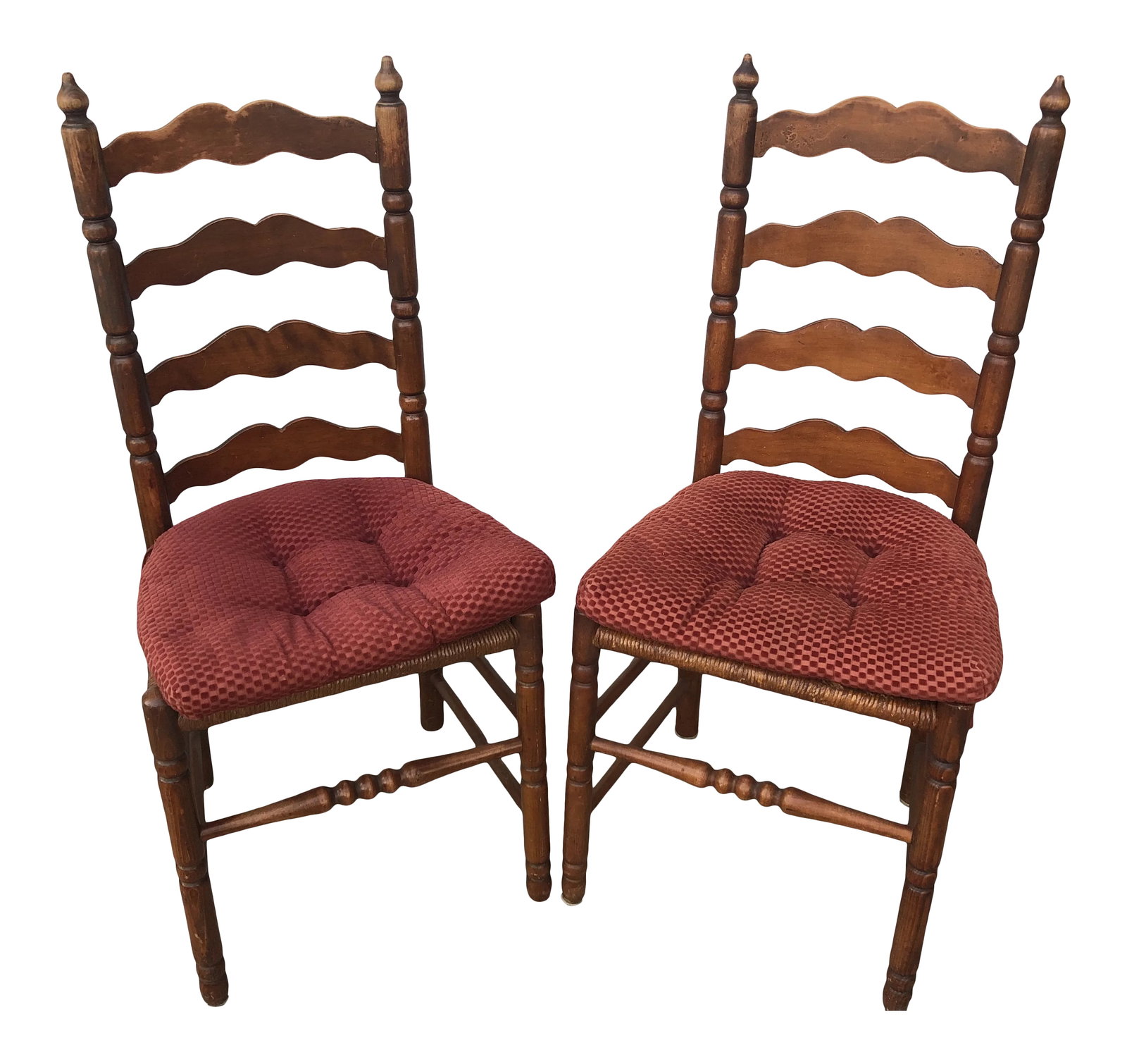 1970s Vintage Italian Rush Seating Caned Farm Chairs: Beautiful pair of Italian canes chairs in good vintage condition with cushions included. Condition: Alterations: Original Condition Unaltered Imperfections: Some Imperfections Condition Notes: Some sm