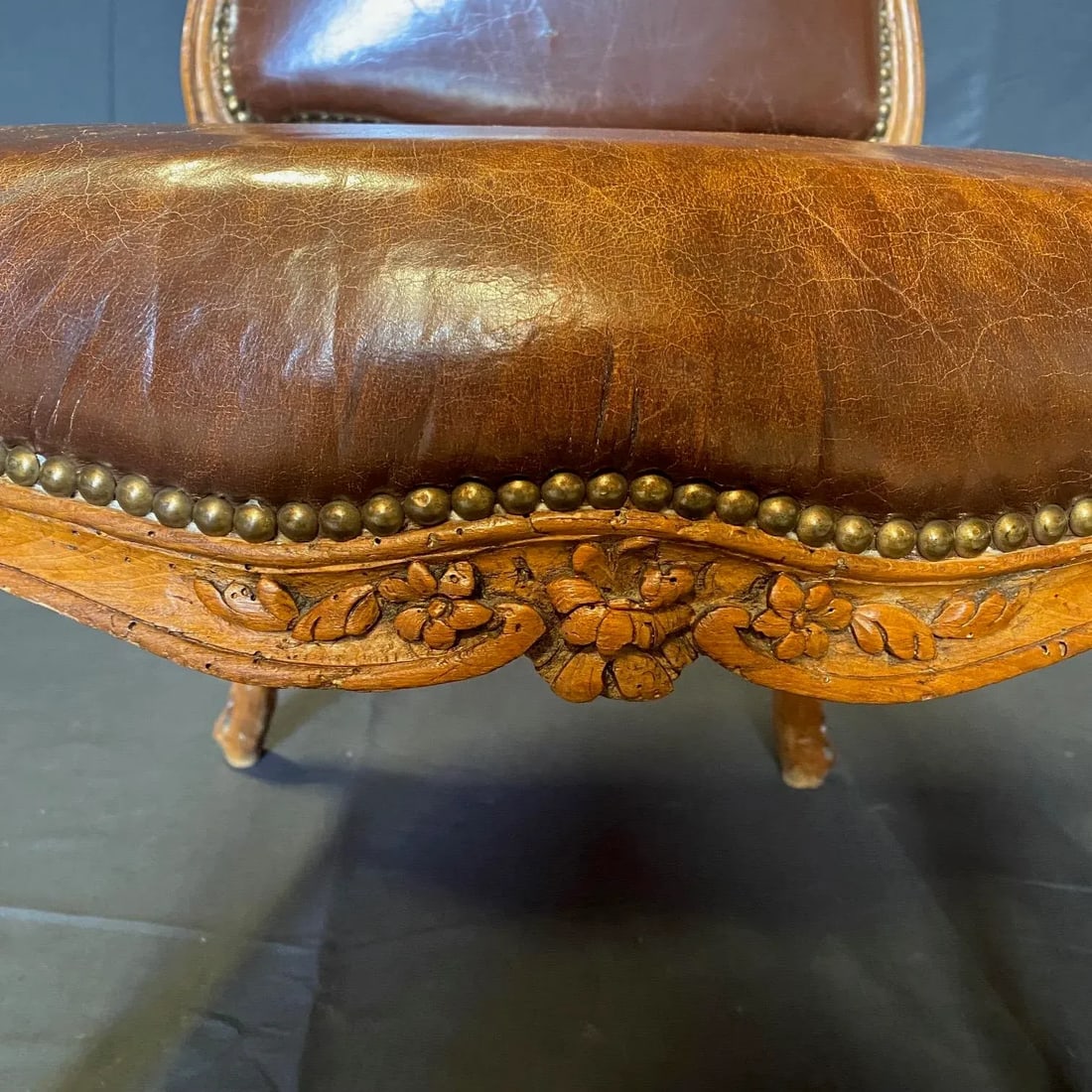 Antique French Louis XV Tobacco Brown Leather Walnut Side Chair - 10