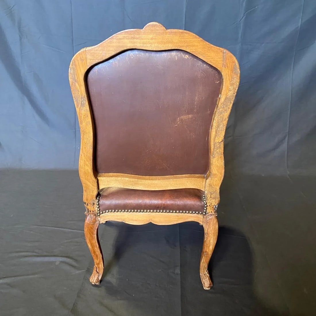 Antique French Louis XV Tobacco Brown Leather Walnut Side Chair - 11