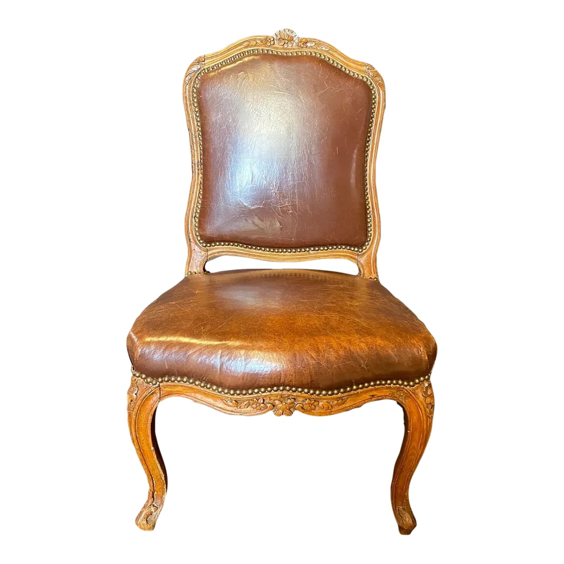 Antique French Louis XV Tobacco Brown Leather Walnut Side Chair (1 of 12)