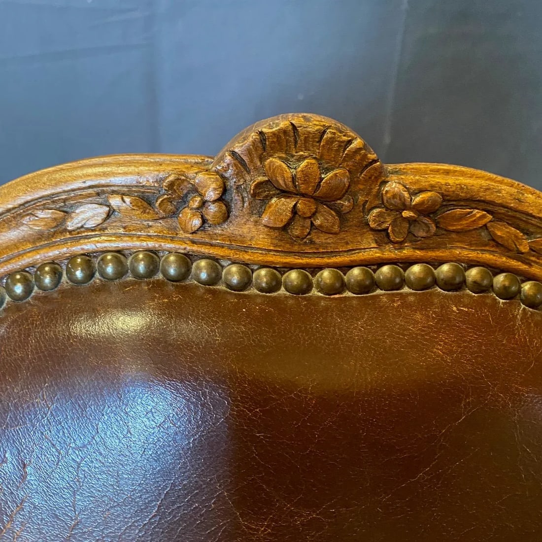 Antique French Louis XV Tobacco Brown Leather Walnut Side Chair - 2
