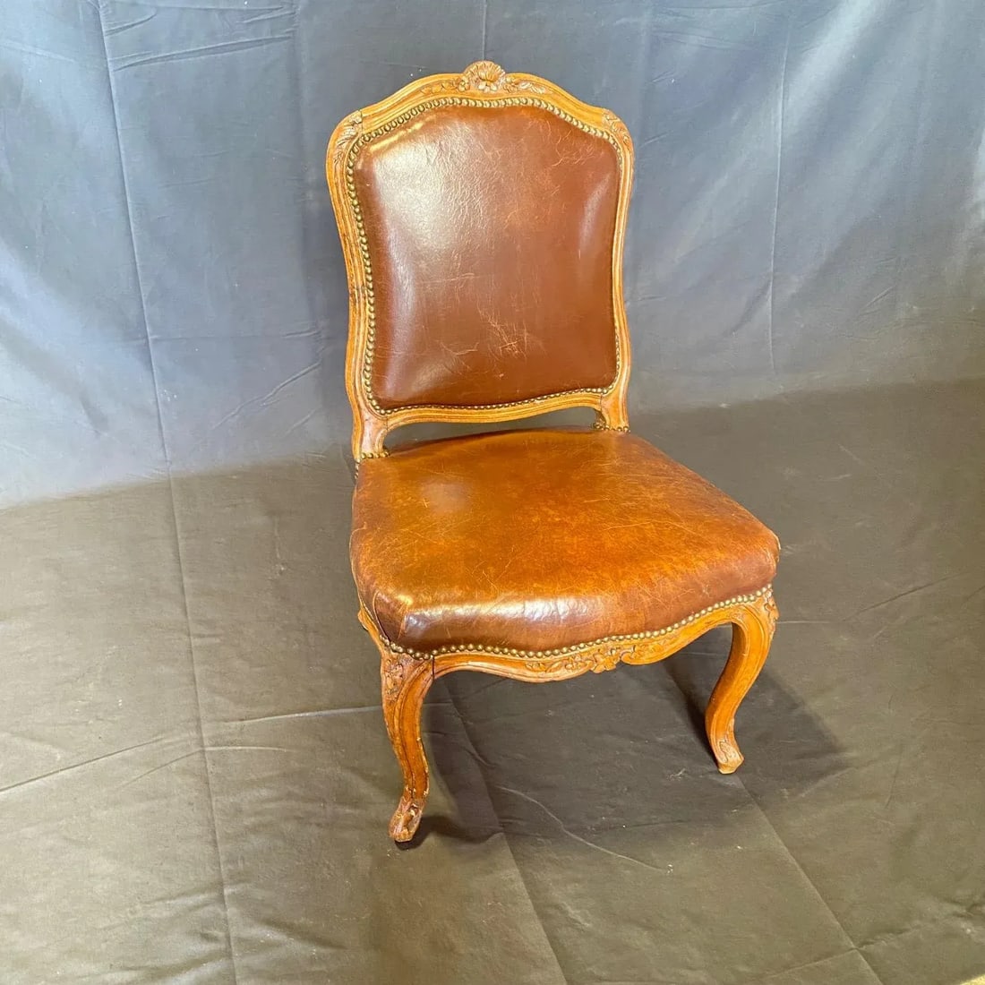 Antique French Louis XV Tobacco Brown Leather Walnut Side Chair - 3