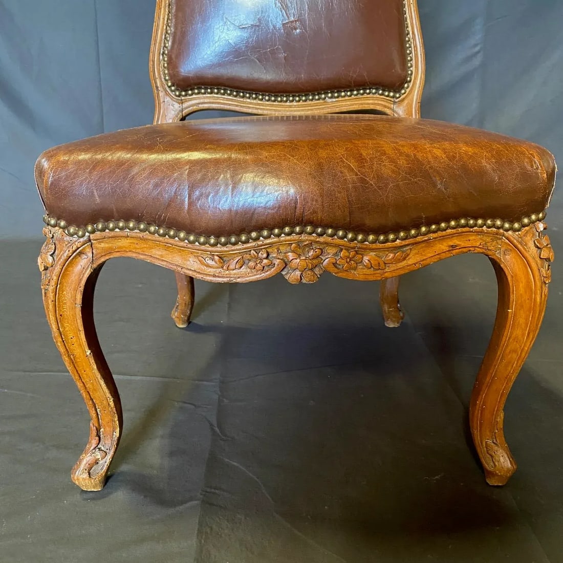 Antique French Louis XV Tobacco Brown Leather Walnut Side Chair - 4