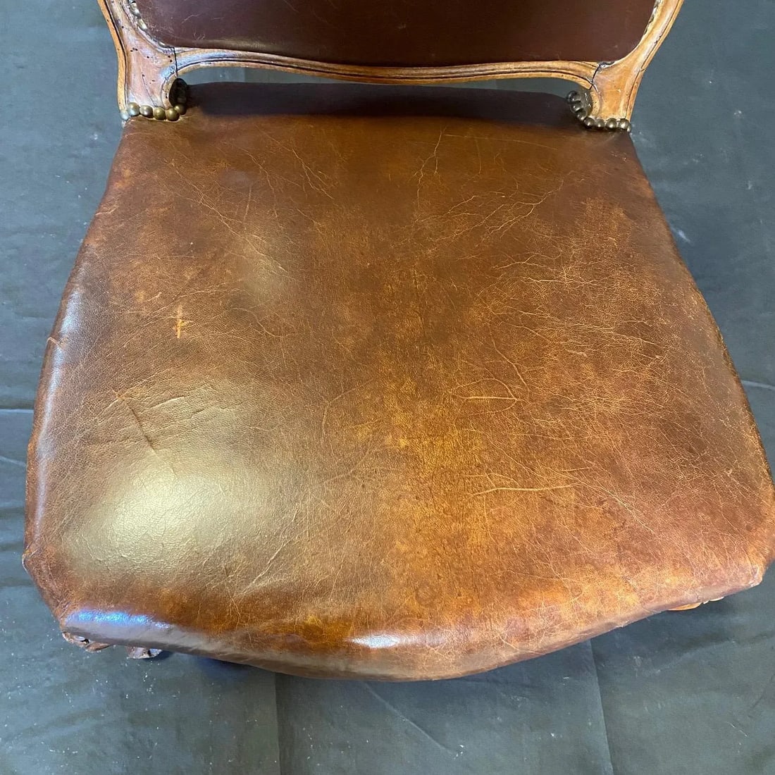 Antique French Louis XV Tobacco Brown Leather Walnut Side Chair - 6