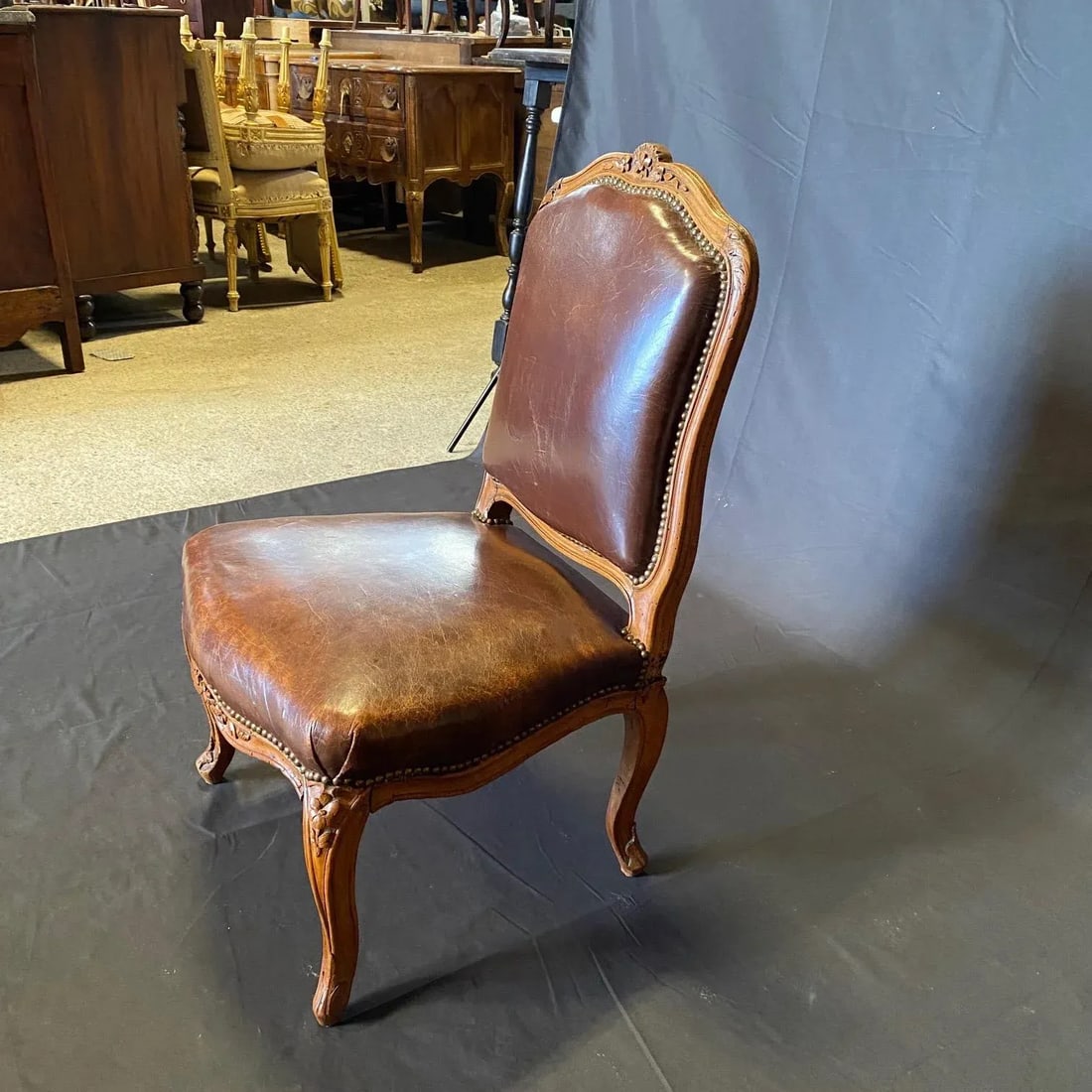 Antique French Louis XV Tobacco Brown Leather Walnut Side Chair - 7