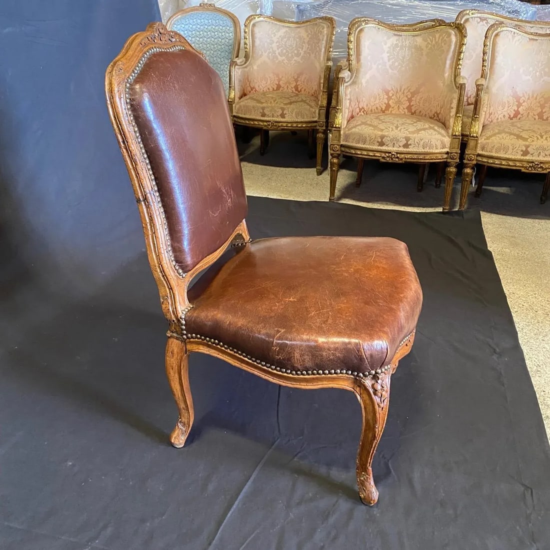 Antique French Louis XV Tobacco Brown Leather Walnut Side Chair - 8