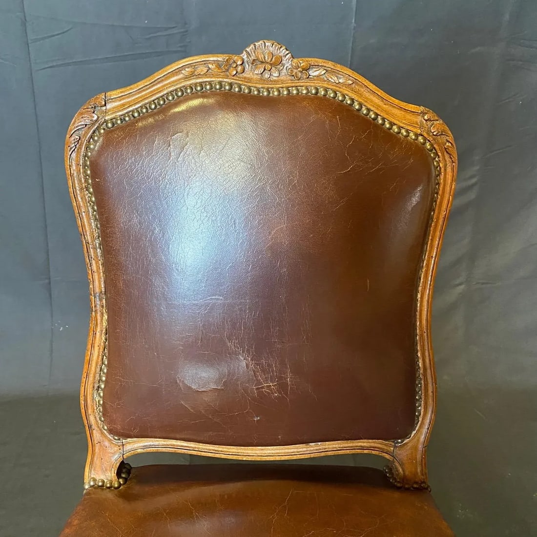 Antique French Louis XV Tobacco Brown Leather Walnut Side Chair - 9