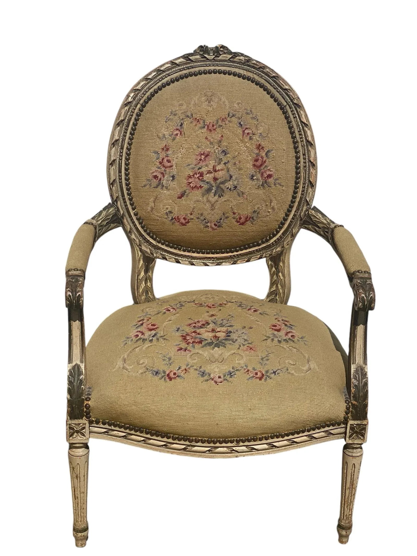 1930s Vintage French Provincial Fauteuil Chair With Floral Needlepoint Design - 12