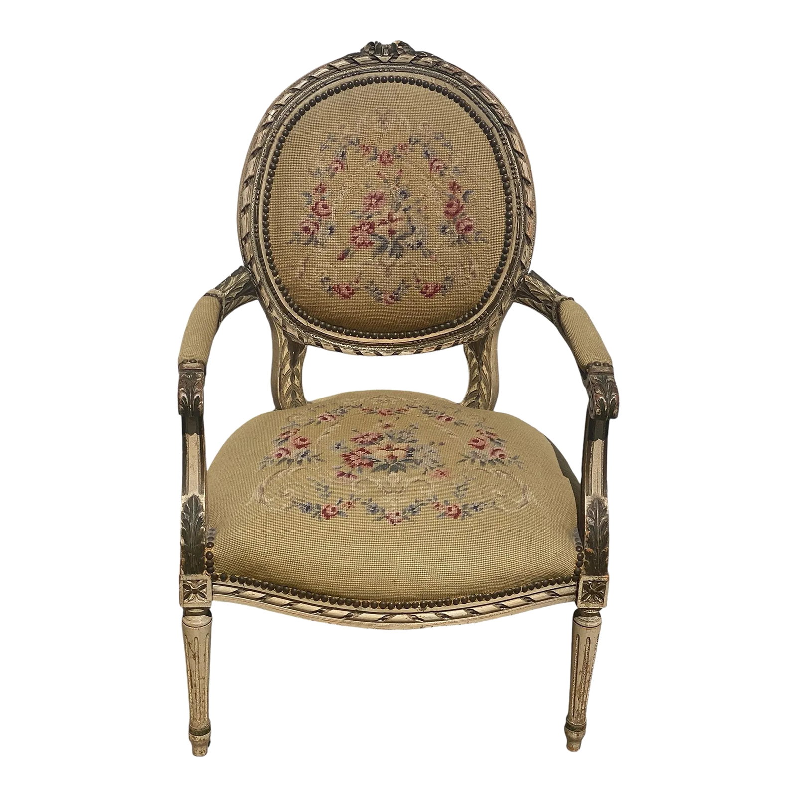 1930s Vintage French Provincial Fauteuil Chair With Floral Needlepoint Design: Add a touch of elegance to your living space with this charming Vintage French Provincial Fauteuil Chair. Featuring a lovely floral needlepoint design, this chair exudes classic French style. Despite