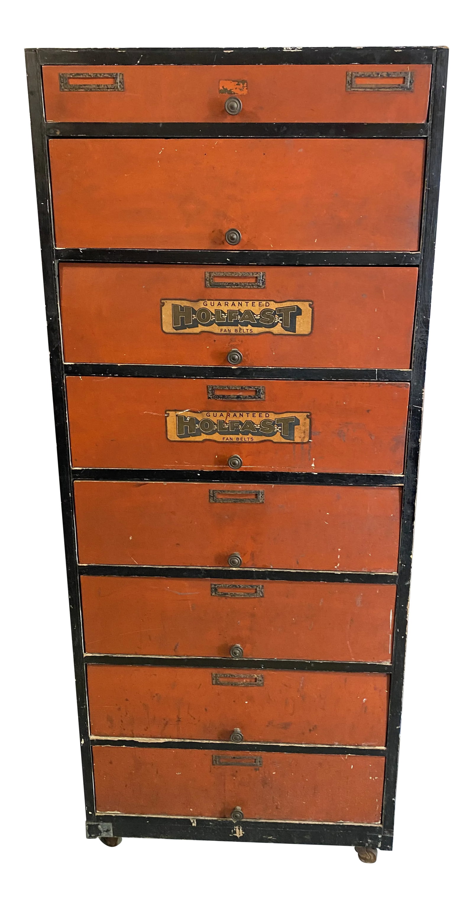 1950s Holfast Fan Belt Storage Cabinet: Rare holfast automotive fan belt storage cabinet. Original paint. Orange-red with black trim. Great vintage industrial storage cabinet. Condition: Alterations: Original Condition Unaltered Imperfectio