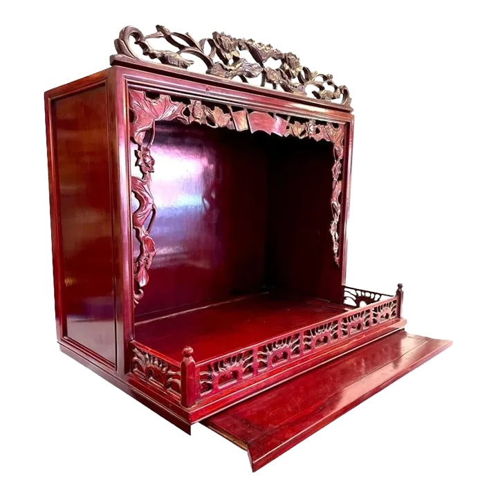 Buddhist Temple Shrine Altar - Butsudan - Red Lacquer: Almost every buddhist home, business, or public facility has some sort of altar or shrine. Which houses a buddha, appropriate tributes, candles, and other symbolic elements. This vintage "butsudan"