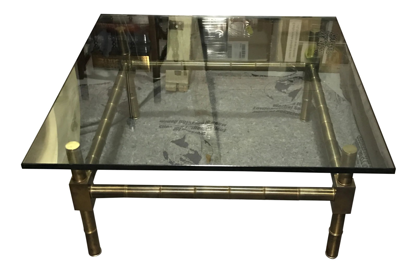 20th Century Hollywood Regency Brass Bamboo Glass Top Coffee Table: Heavy, sturdy glass top coffee table with gold/brass bamboo base. Condition: Alterations: Original Condition Unaltered Imperfections: Some Imperfections Condition Notes: Perfect condition. Materials &