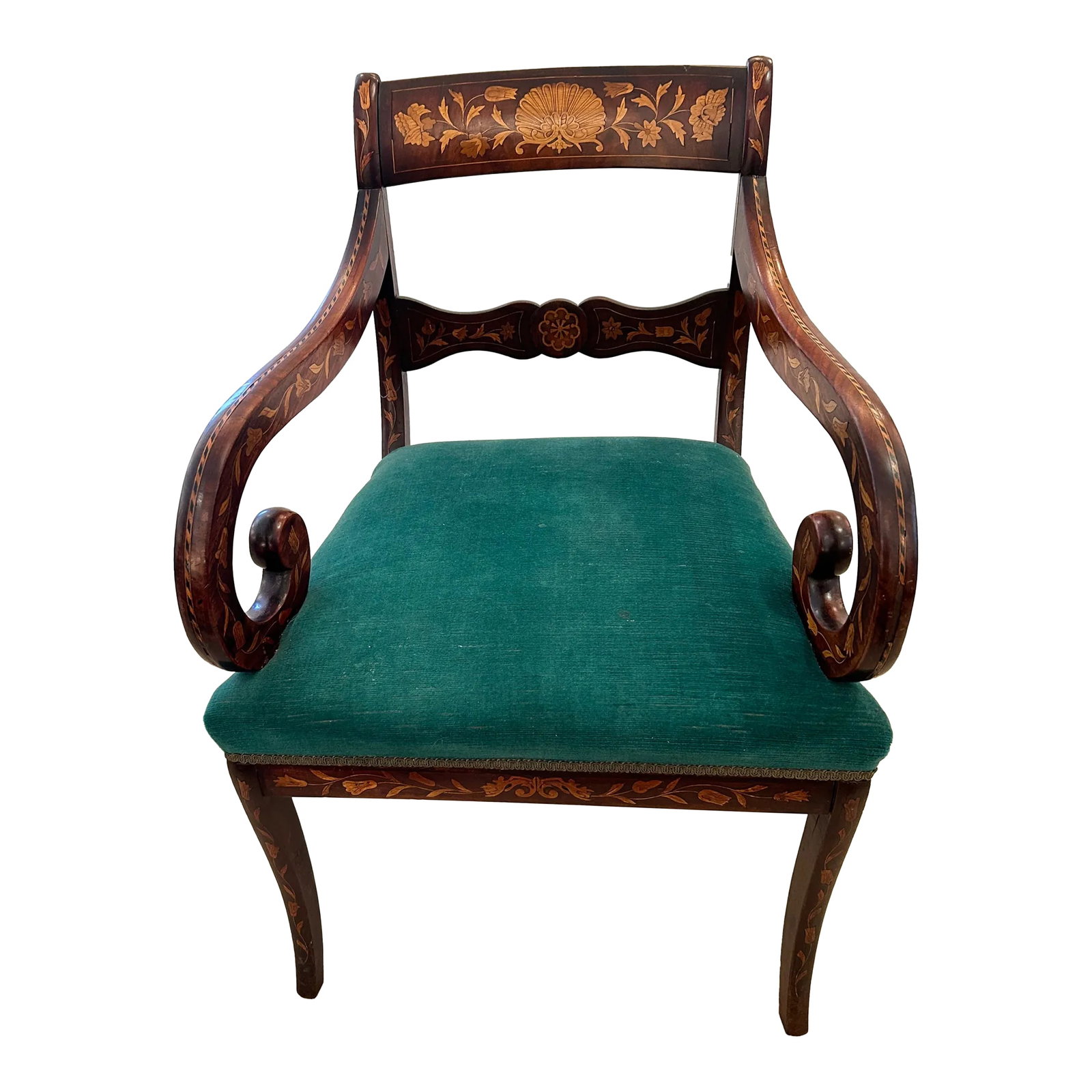 Dutch Marquetry Inlaid Armchair With Velvet Seat: Classic Dutch marquetry armchair having scrolled arms, tapered legs and gorgeous satinwood inlay. Seat is green velvet. Condition: Alterations: Original Condition Unaltered Imperfections: Some Imperfe