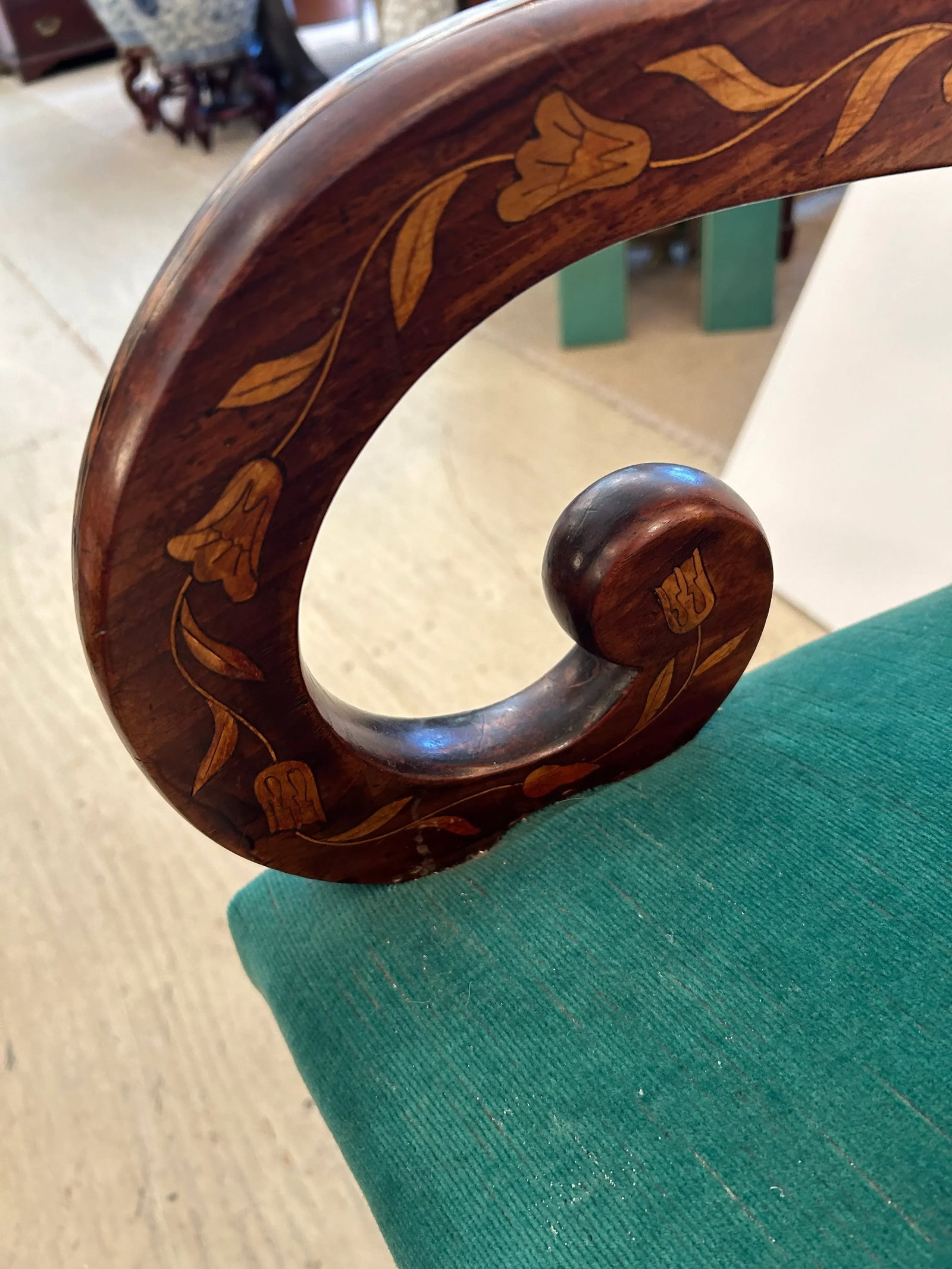Dutch Marquetry Inlaid Armchair With Velvet Seat - 5