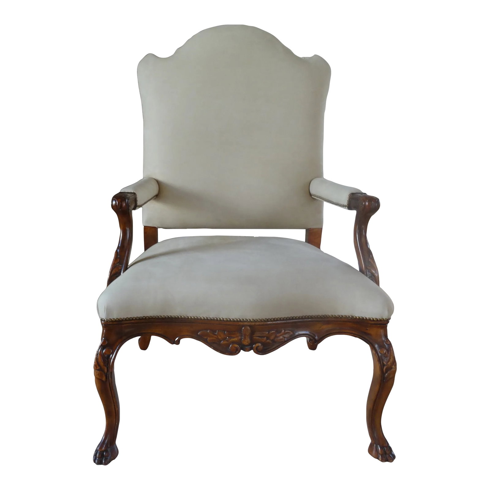Vintage Italian Baroque Style Salon Chair: Fabulous Italian baroque walnut chair newly upholstered in a fine ultra swede leather fabric. Nailhead trim from Rossi Antiques San Francisco. Rossi Tag on Bottom. Condition: Alterations: Original Con