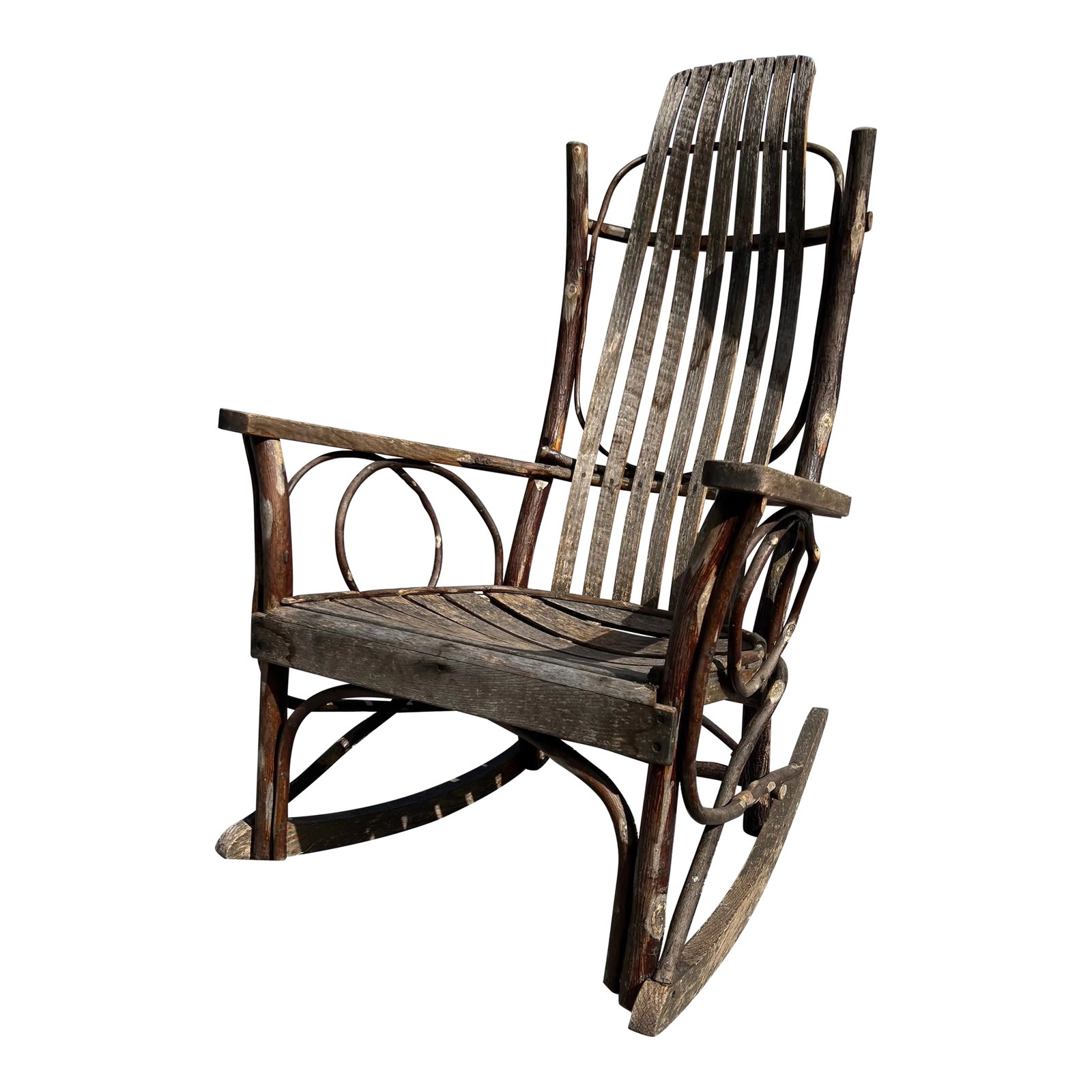 Antique Hand Made Rustic Hickory & Twig Rocking Chair: 20Thc Amish Twig rocking chair from Pennsylvania in good working condition and rustic surface. Dimensions: Height: 48 in (121.92 cm)Width: 24 in (60.96 cm)Depth: 34 in (86.36 cm)Seat Height: 15 in (38