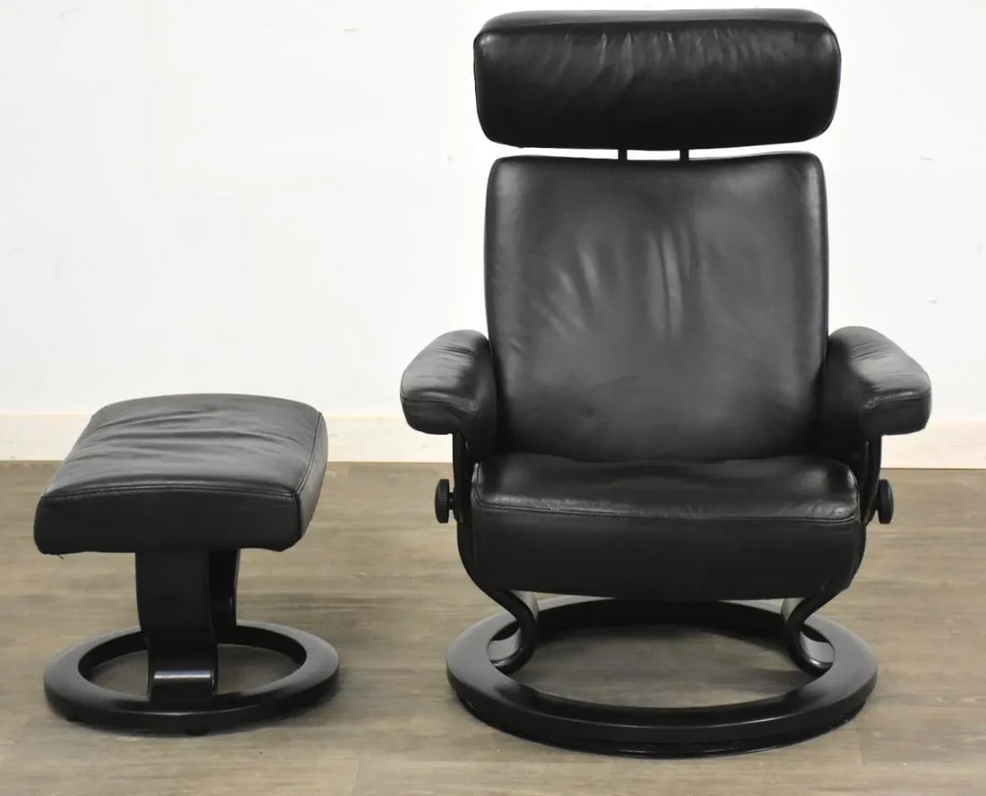 1960s Black Leather Ekornes Stressless Recliner and Ottoman - 10